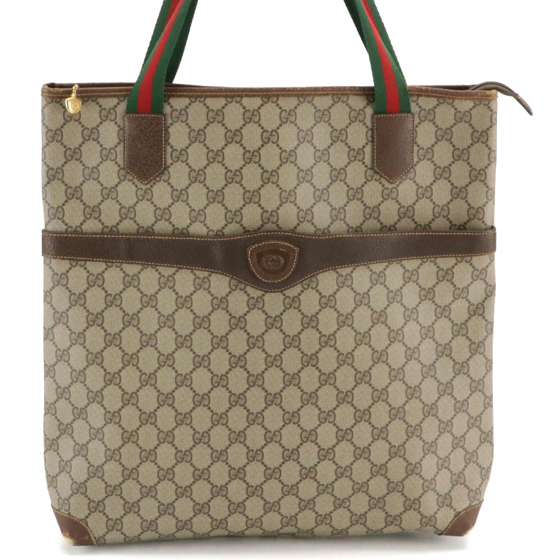 Gucci Large Zip Tote in GG Supreme Canvas, Brown Leather and Web Straps