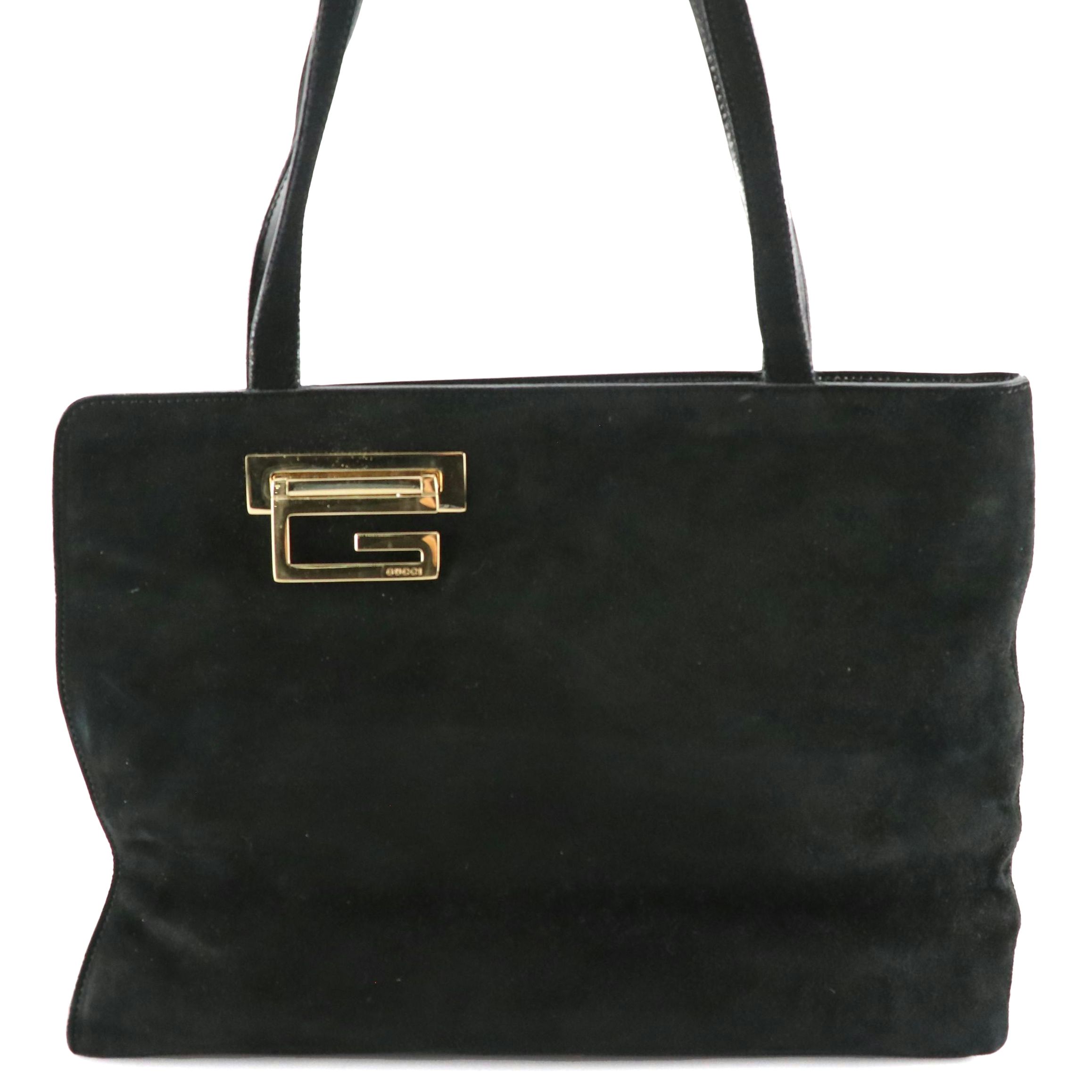 Gucci Single G Shoulder Bag in Black Suede with Leather Trim