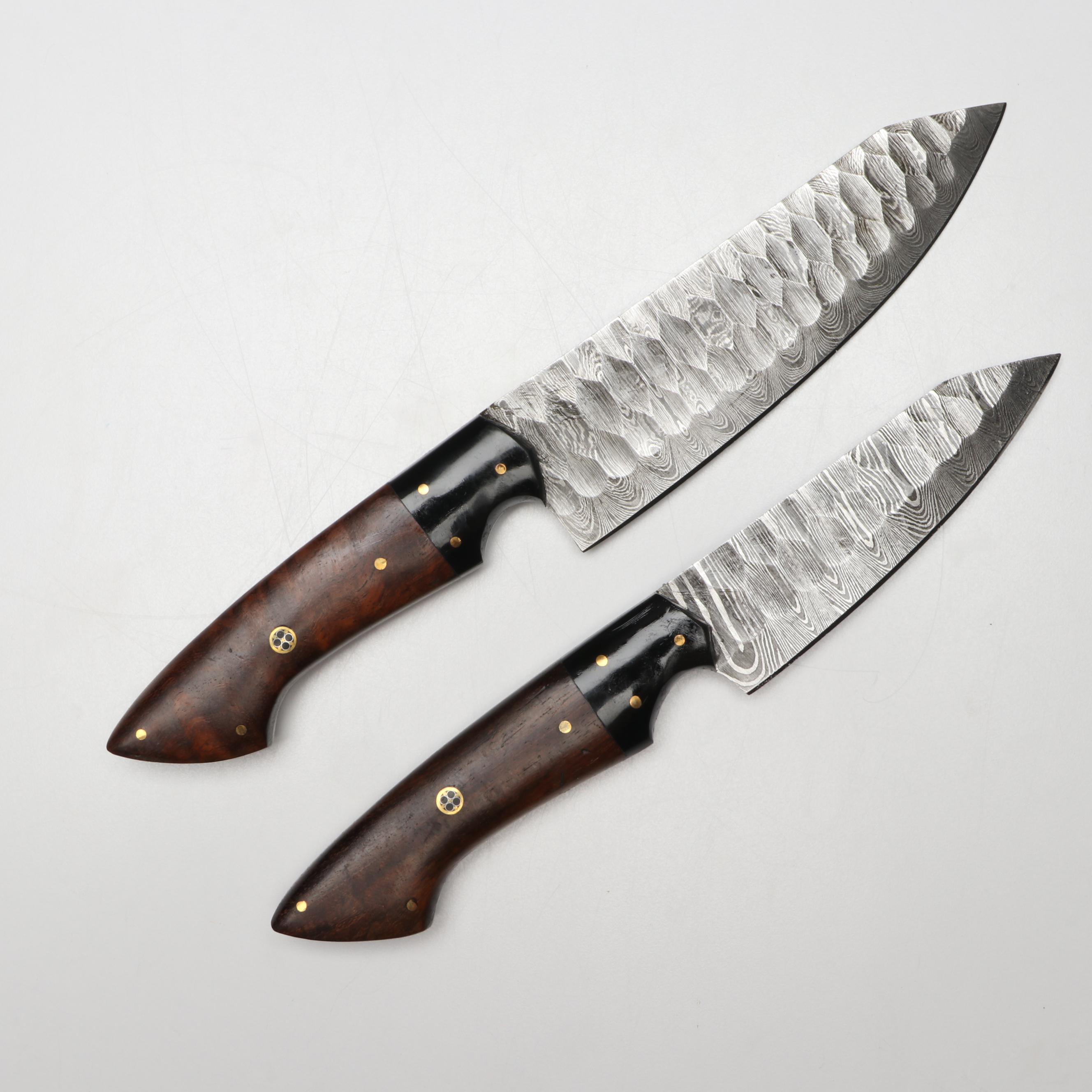 Damascus Steel and Wooden Handled Chef's Knife Set in Suede Leather Roll