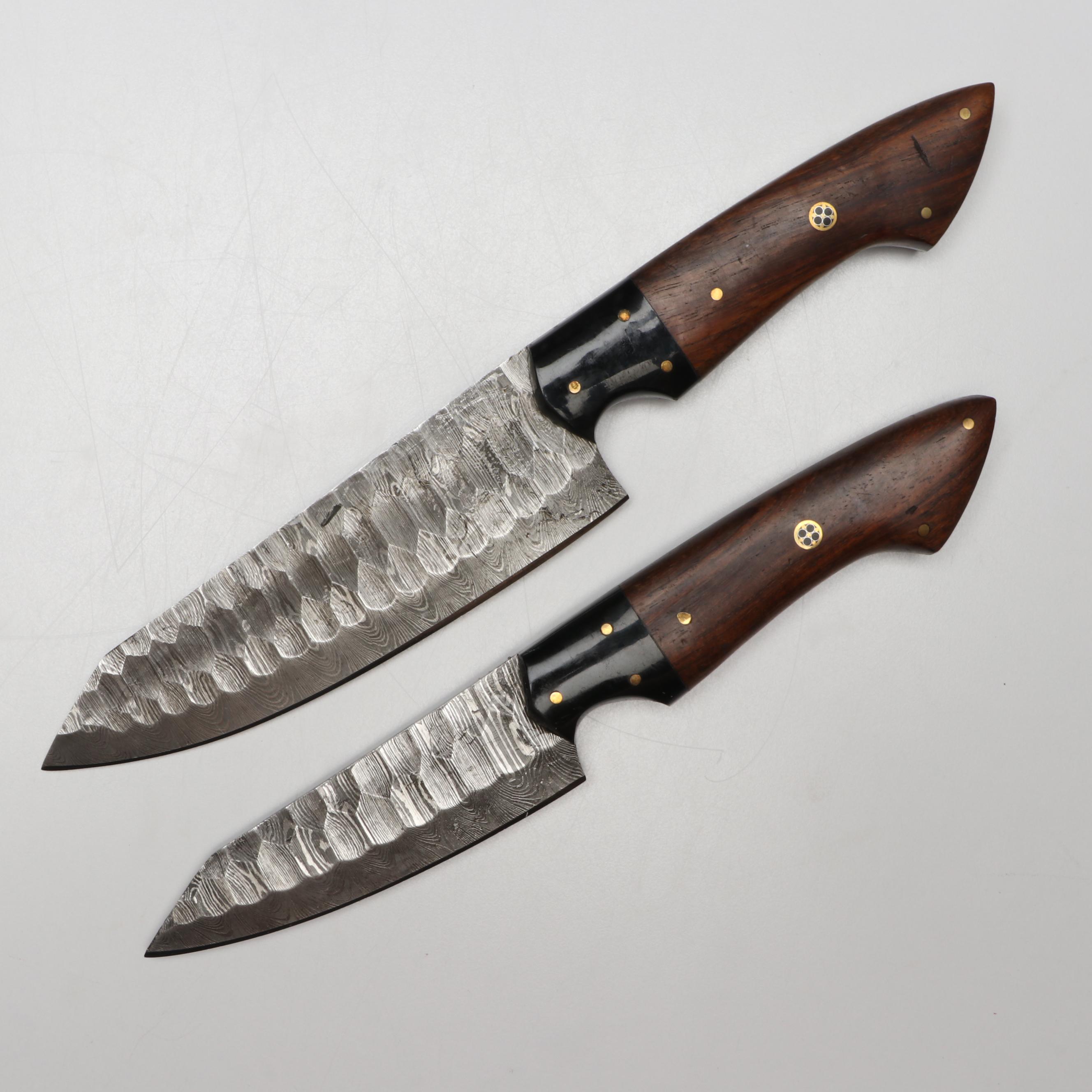 Damascus Steel and Wooden Handled Chef's Knife Set in Suede Leather Roll