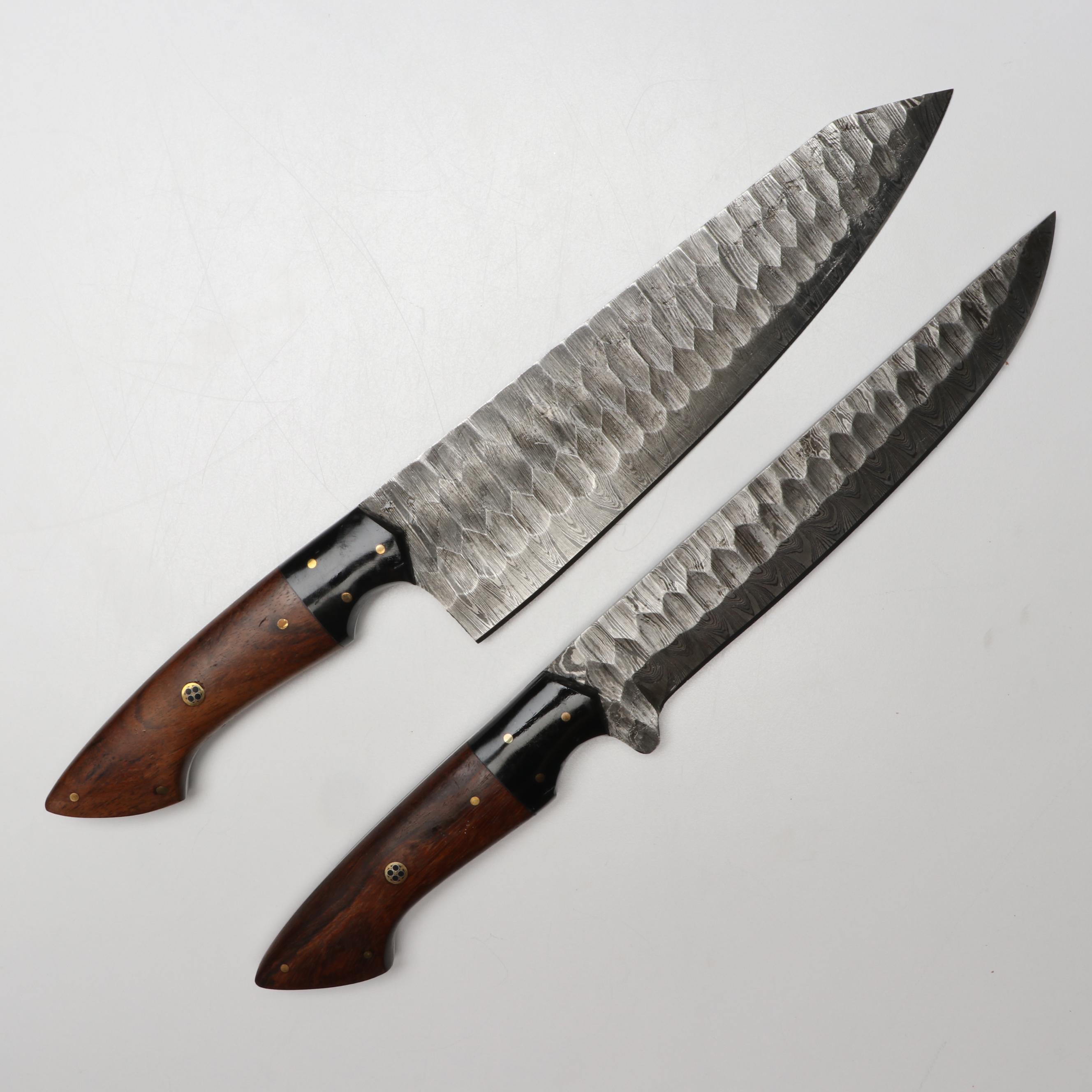 Damascus Steel and Wooden Handled Chef's Knife Set in Suede Leather Roll