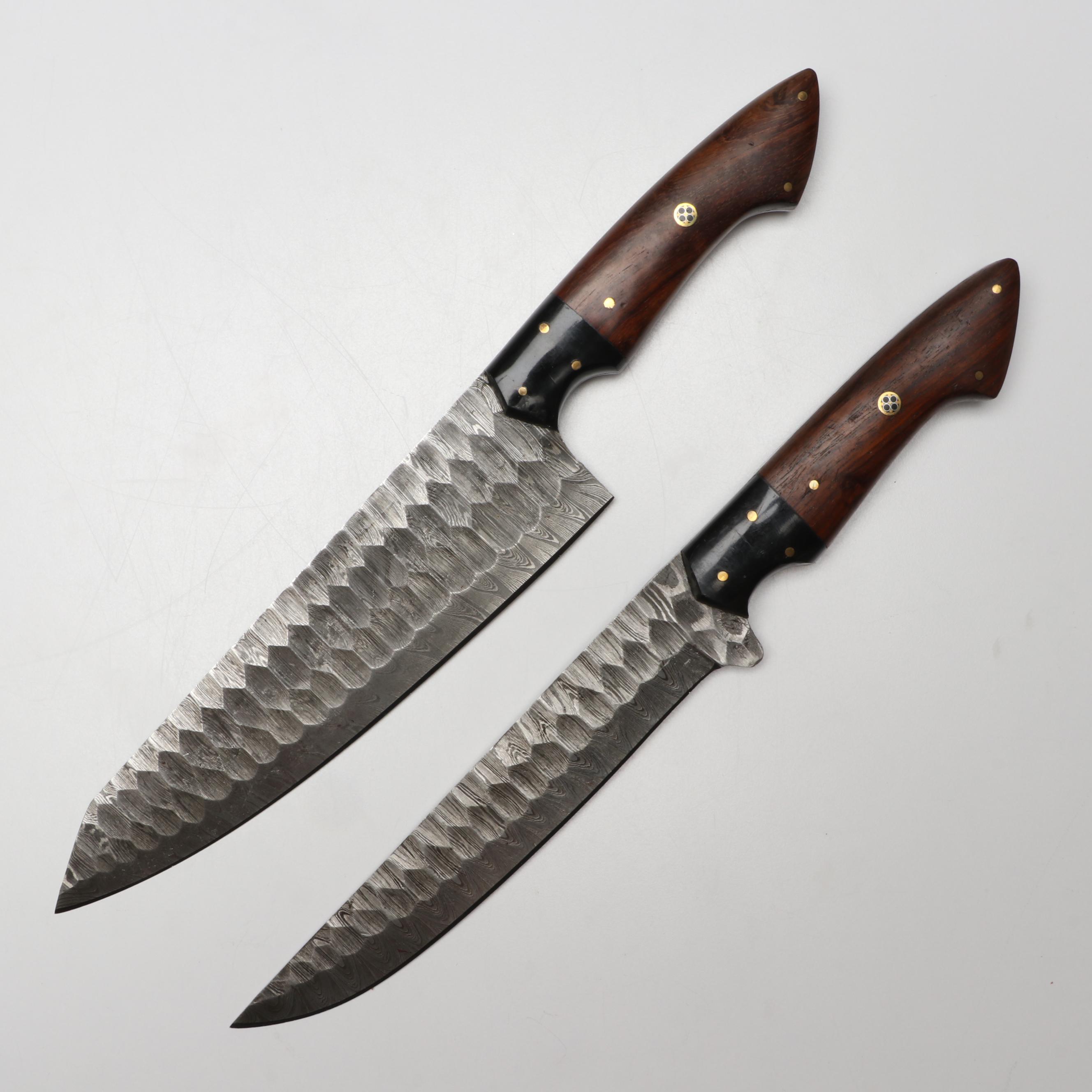 Damascus Steel and Wooden Handled Chef's Knife Set in Suede Leather Roll