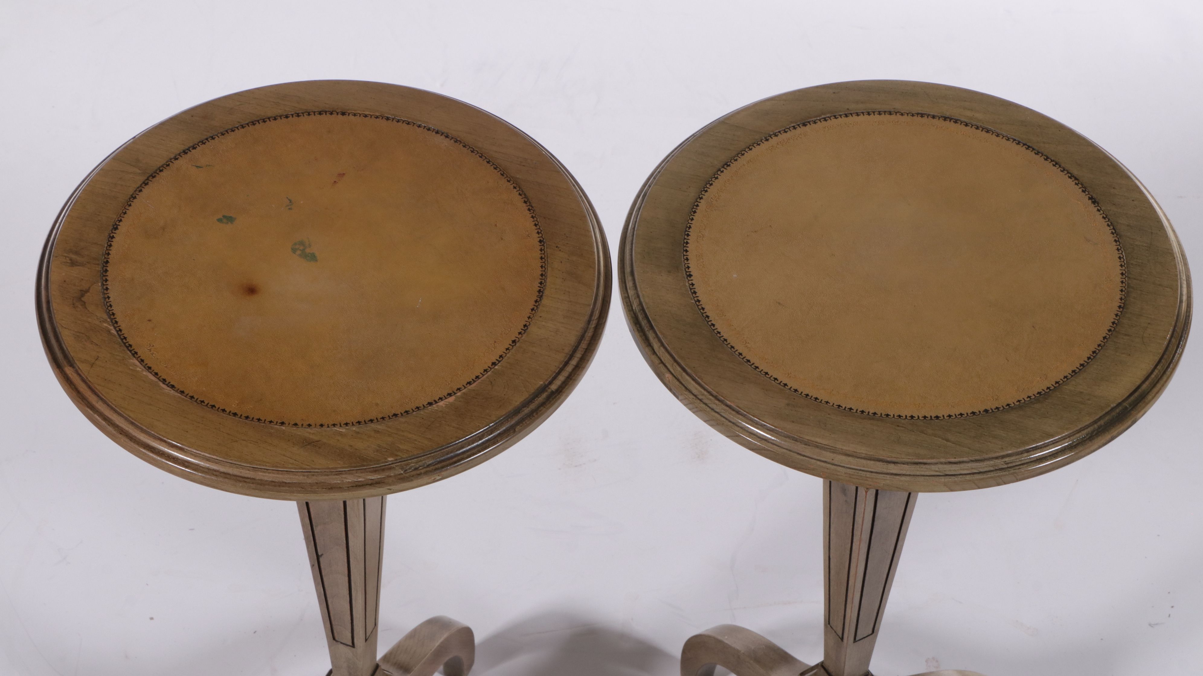 Pair of Weathered Pecan Side Tables with Inset Leather Tops