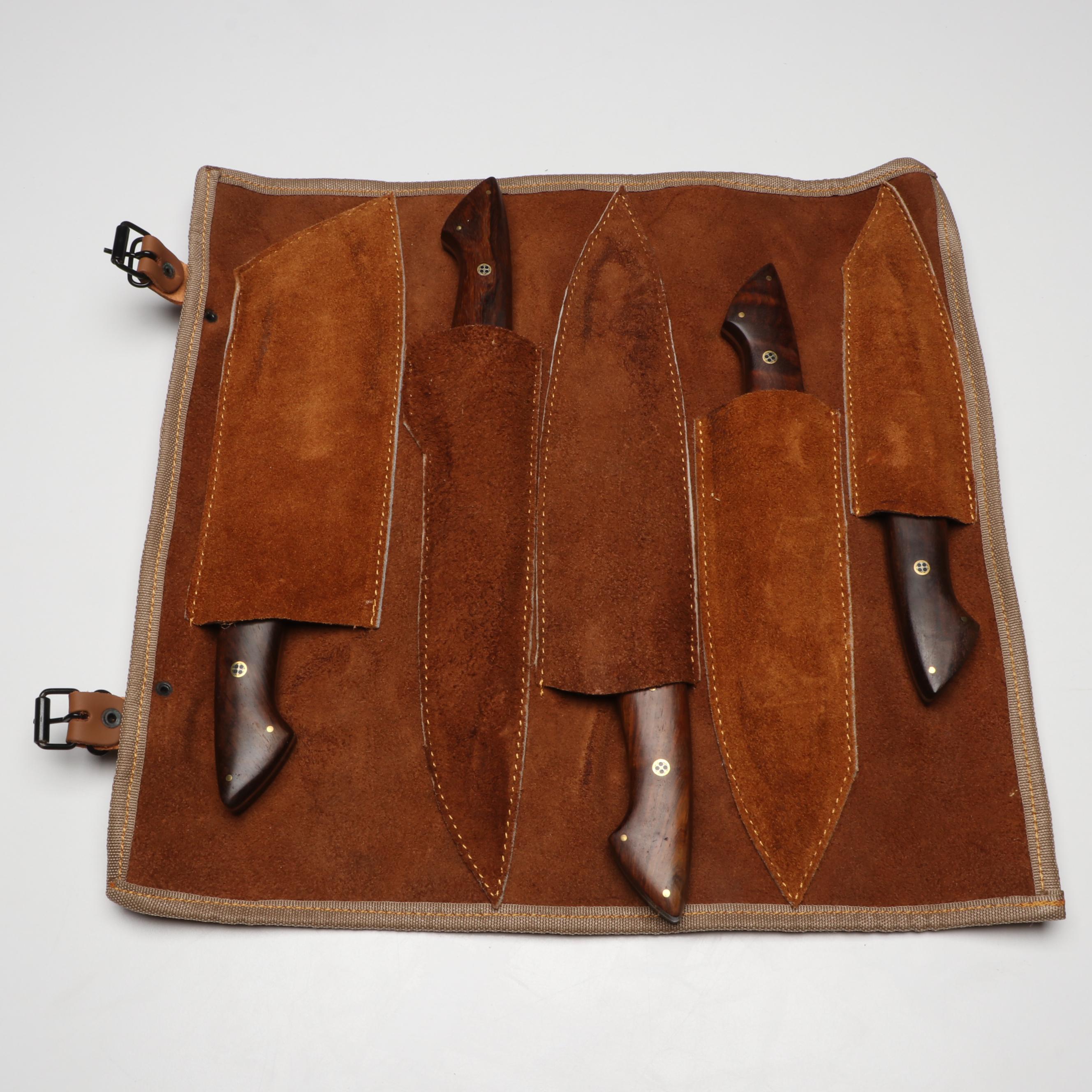 Damascus Steel and Wooden Handled Chef's Knife Set in Suede Leather Roll