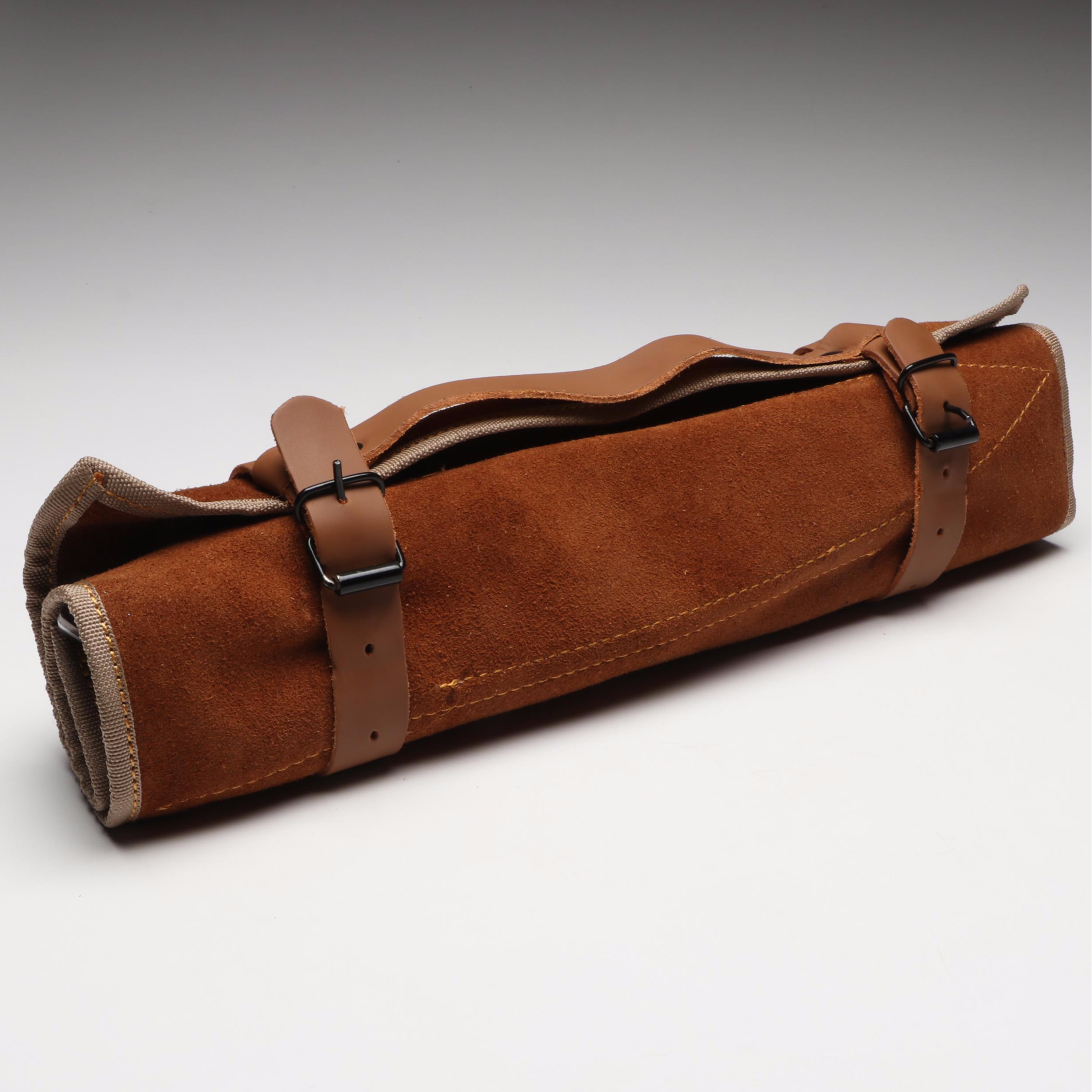 Damascus Steel and Wooden Handled Chef's Knife Set in Suede Leather Roll