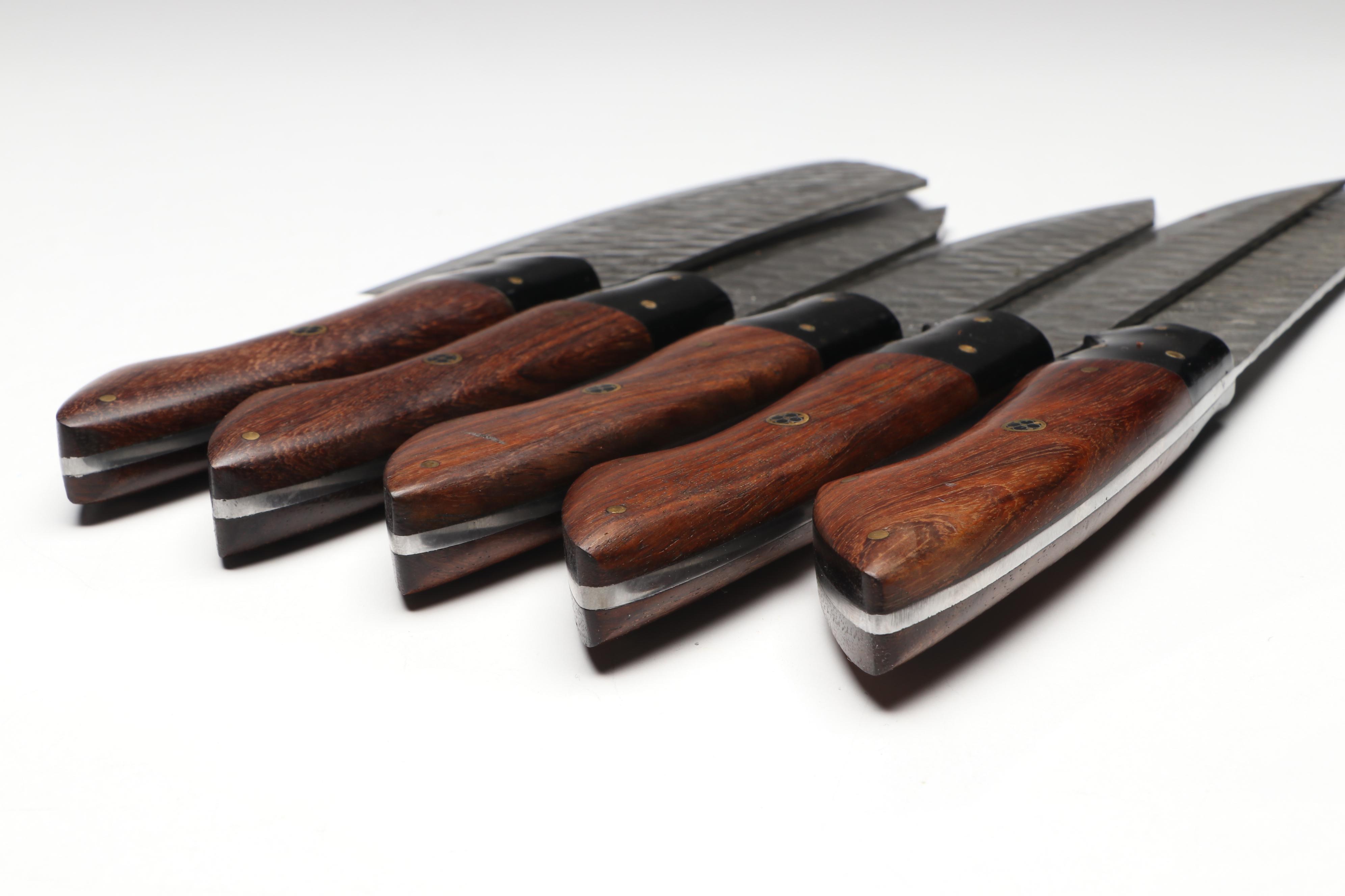 Damascus Steel and Wooden Handled Chef's Knife Set in Suede Leather Roll