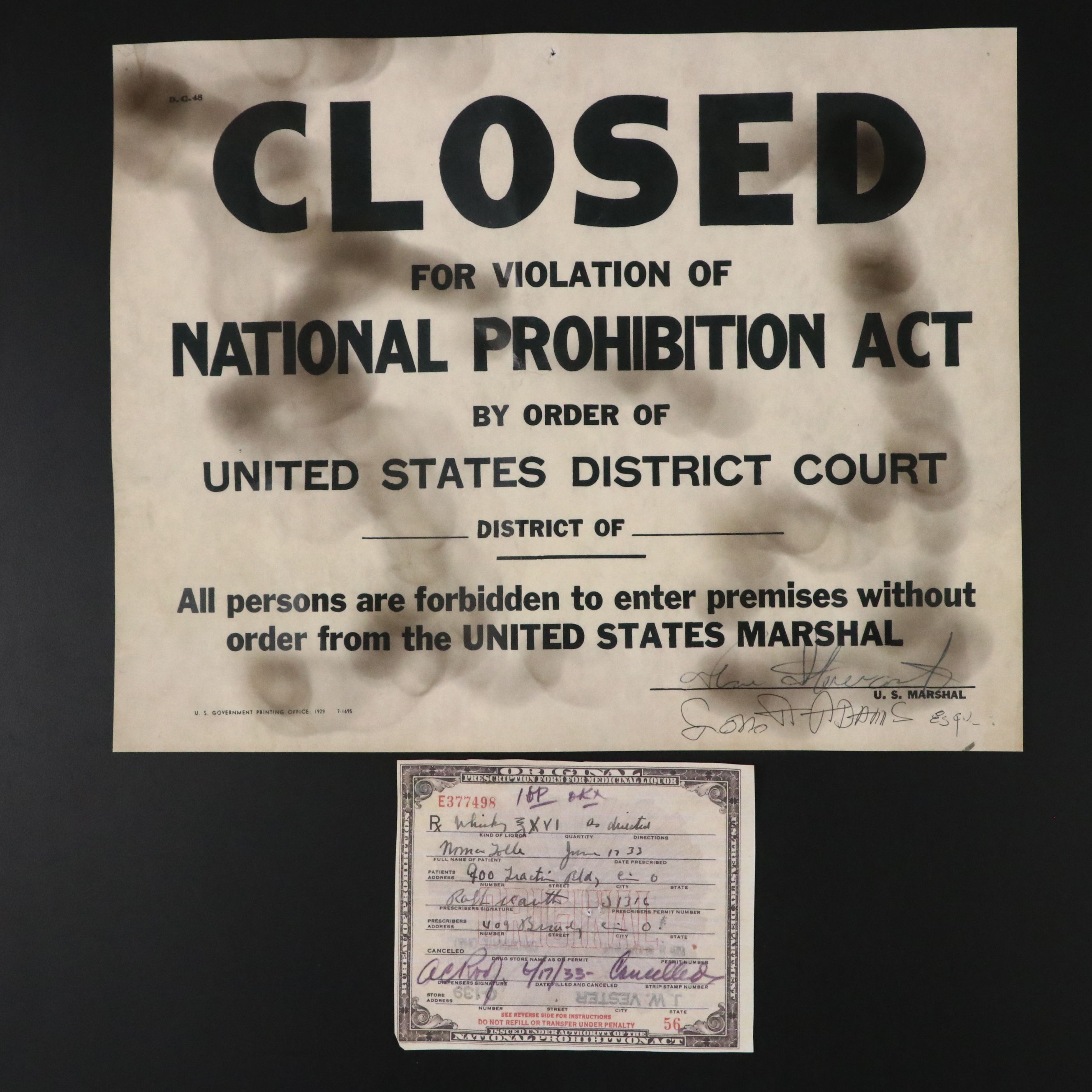 Prohibition Style Whisky Prescription Form with Reproduction Sign