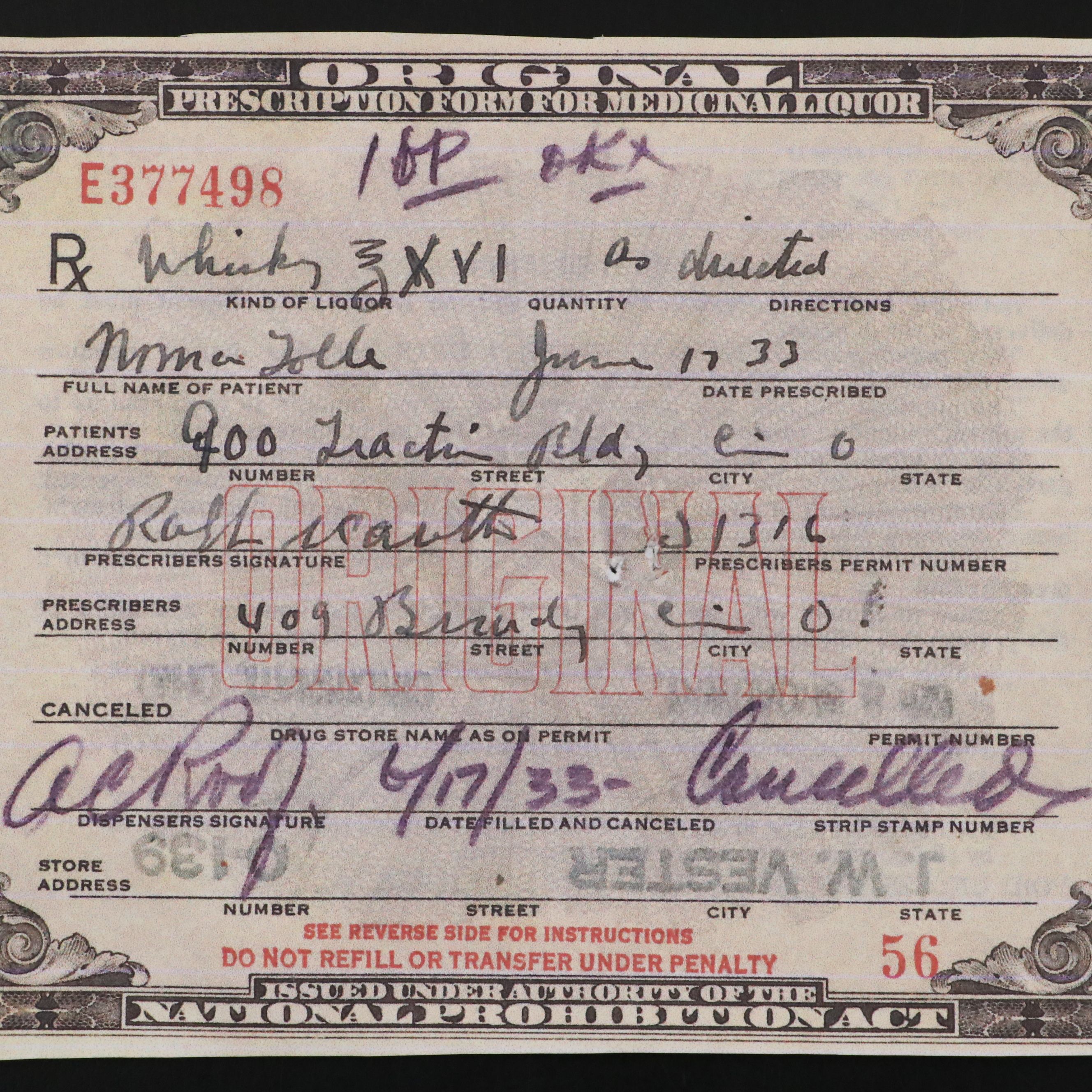 Prohibition Style Whisky Prescription Form with Reproduction Sign