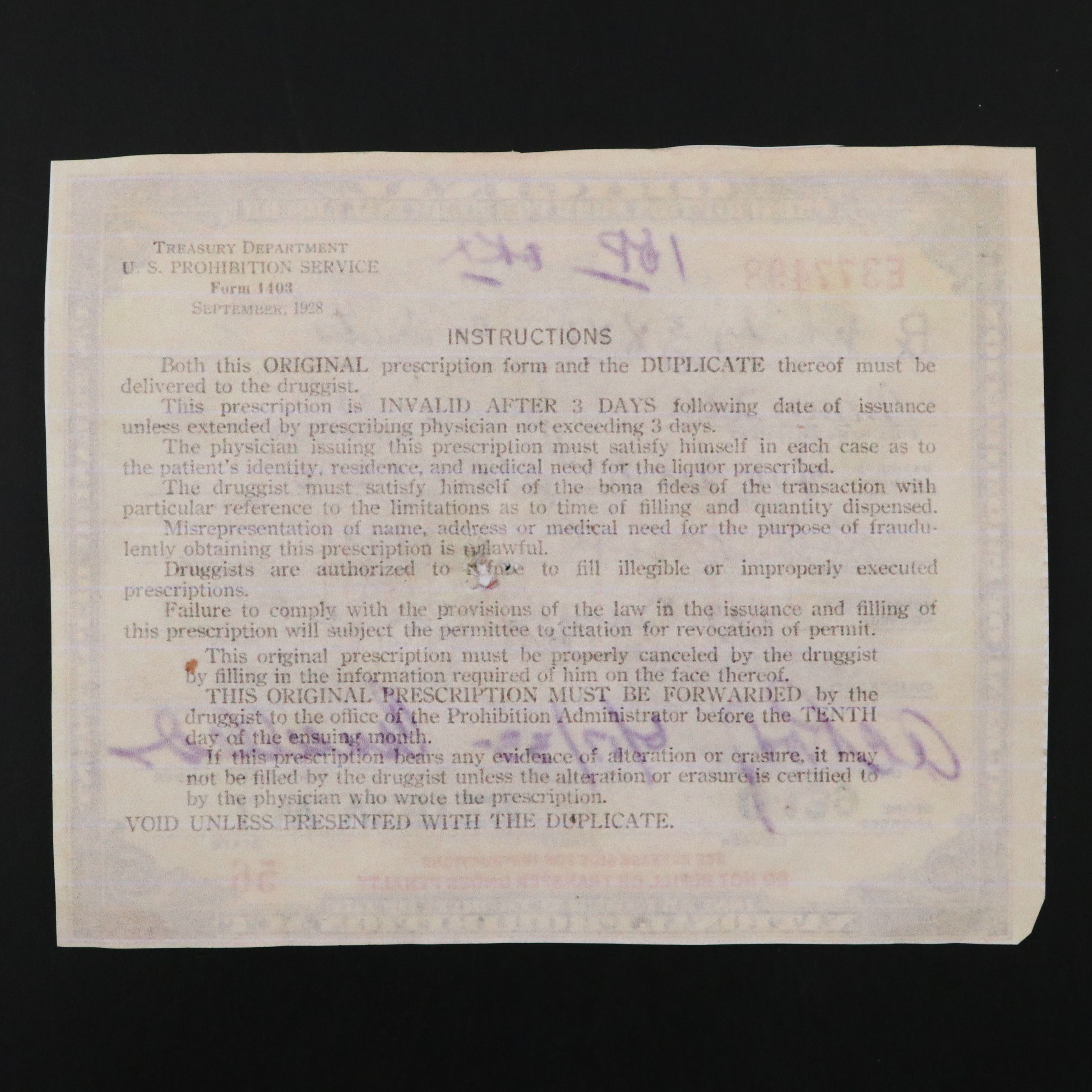 Prohibition Style Whisky Prescription Form with Reproduction Sign
