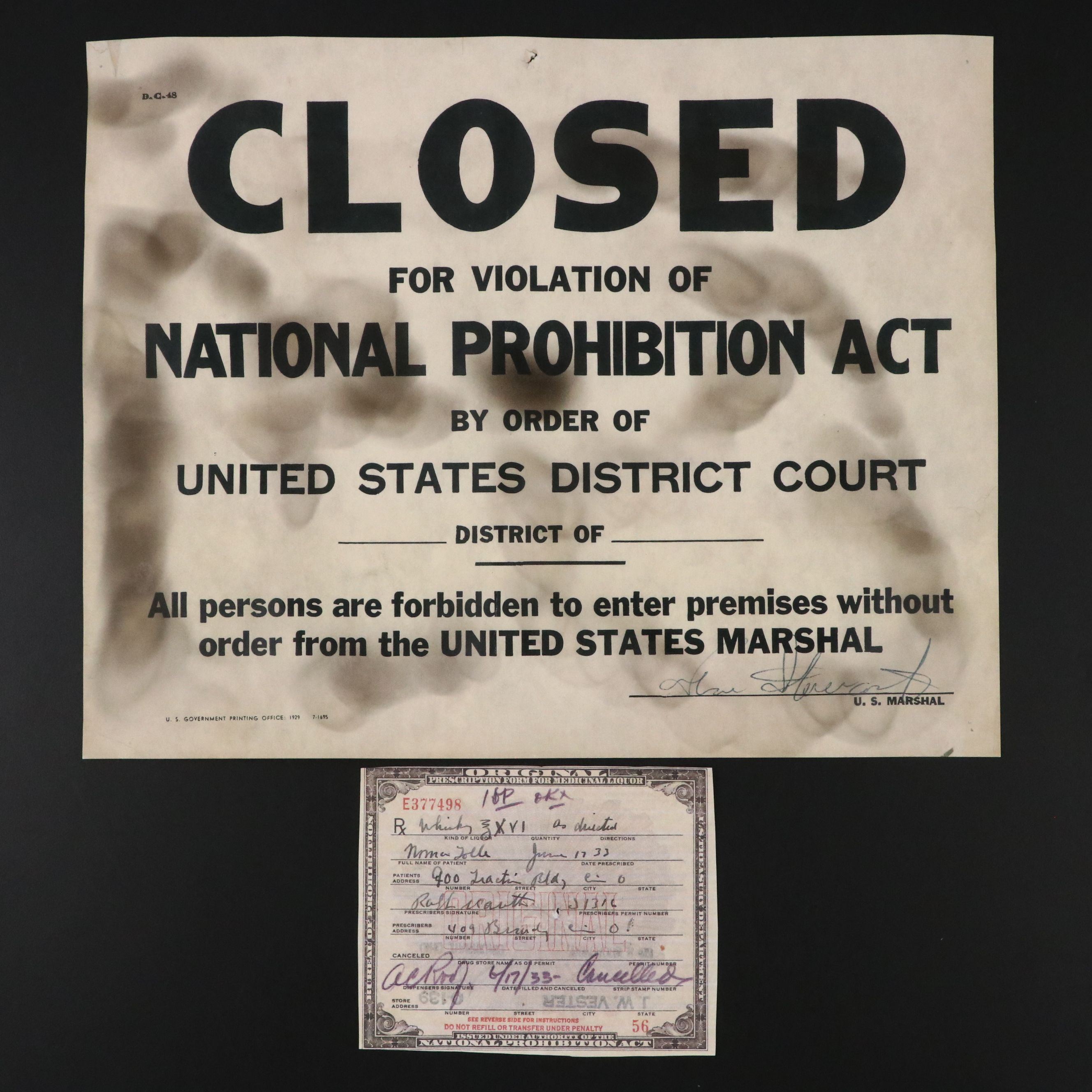 Prohibition Style Whisky Prescription Form with Reproduction Sign