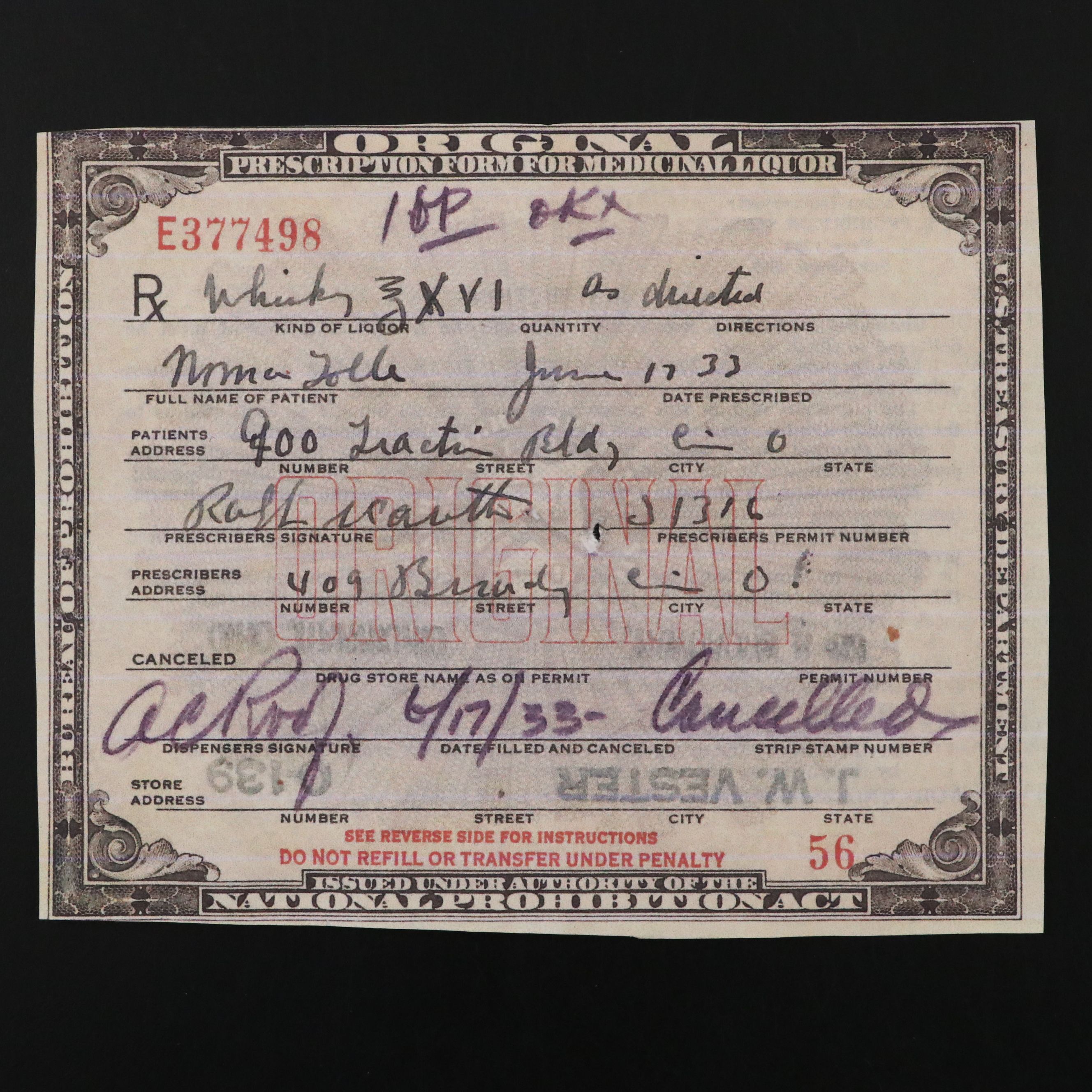 Prohibition Style Whisky Prescription Form with Reproduction Sign