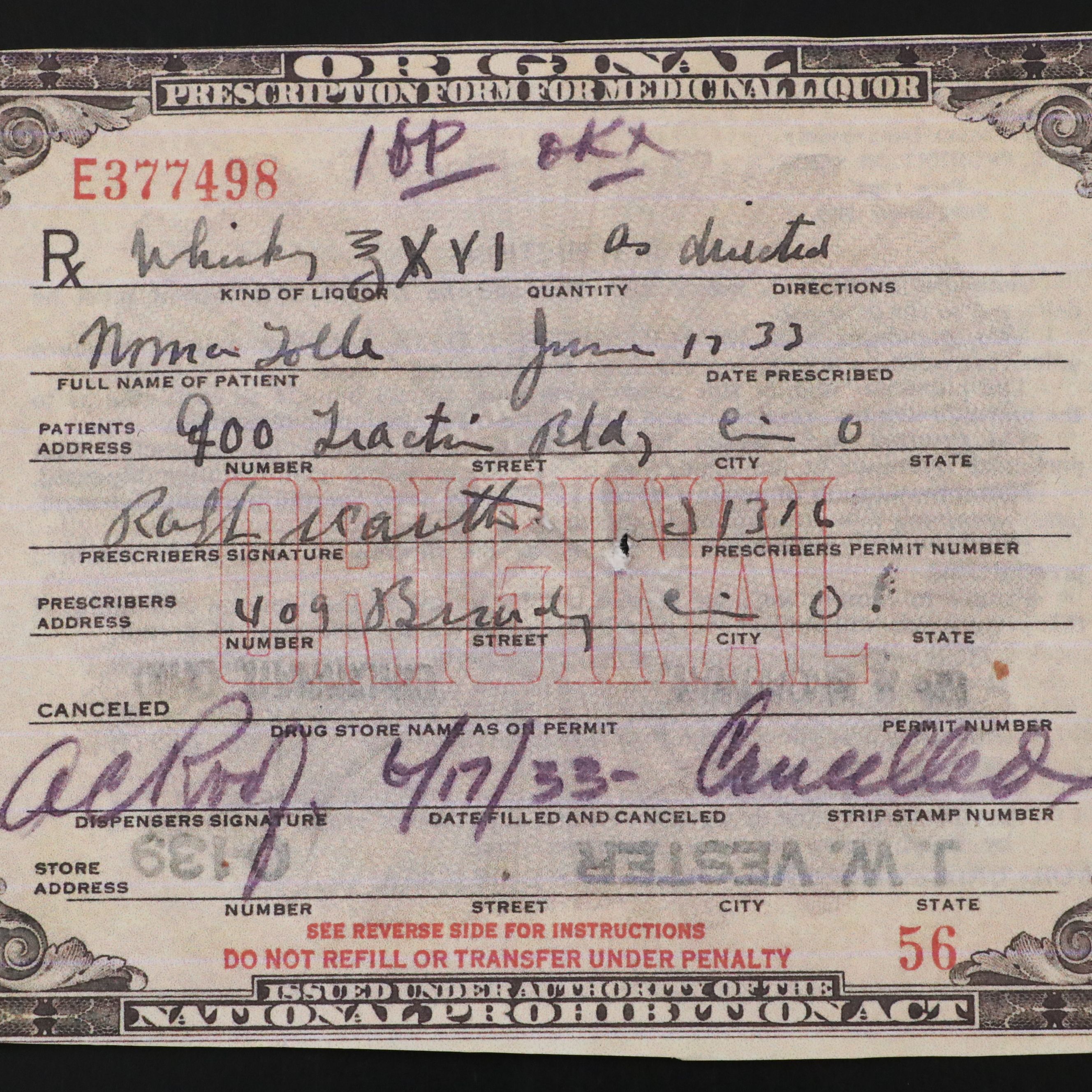 Prohibition Style Whisky Prescription Form with Reproduction Sign
