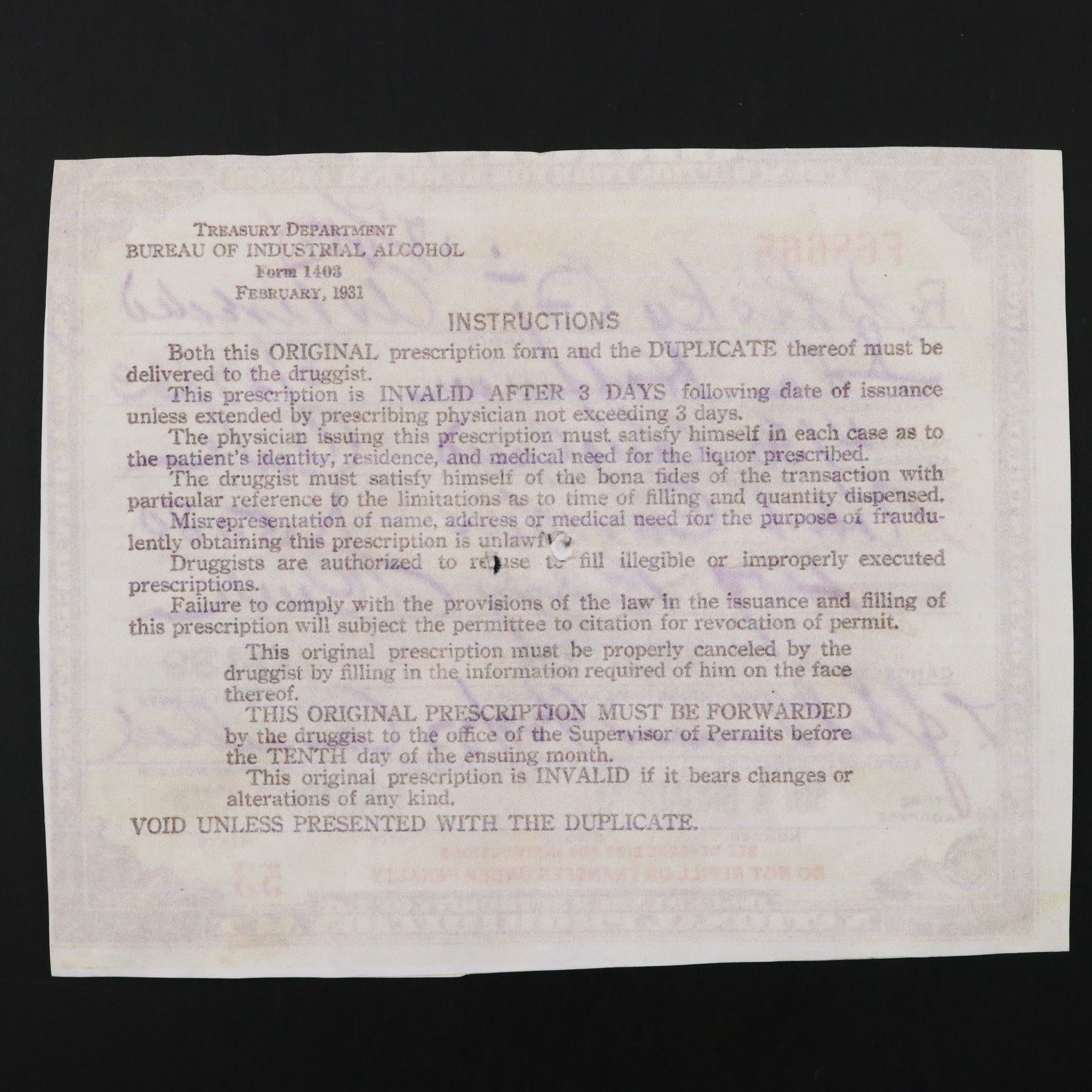 Prohibition Style Whisky Prescription Form with Reproduction Sign