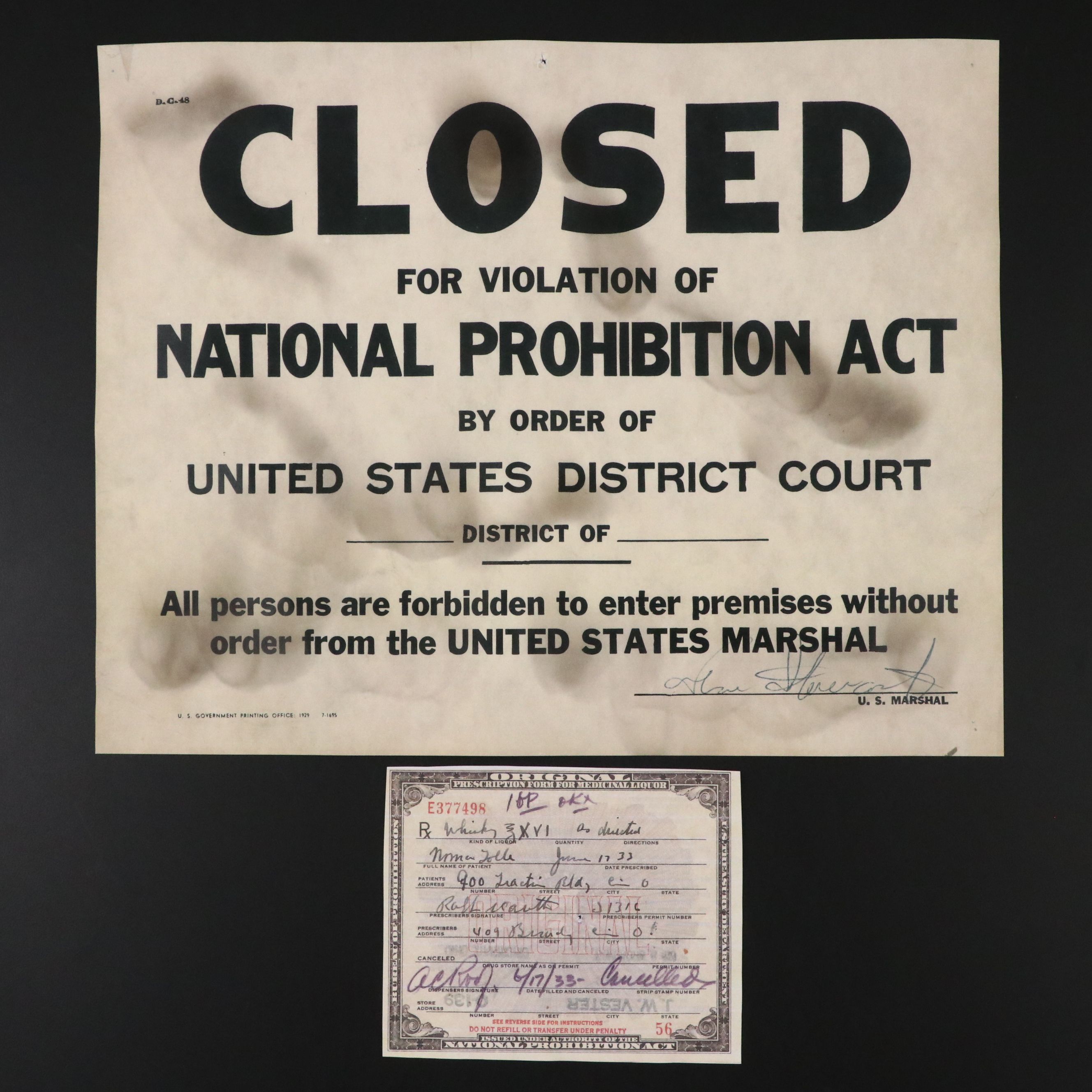 Prohibition Style Whisky Prescription Form with Reproduction Sign