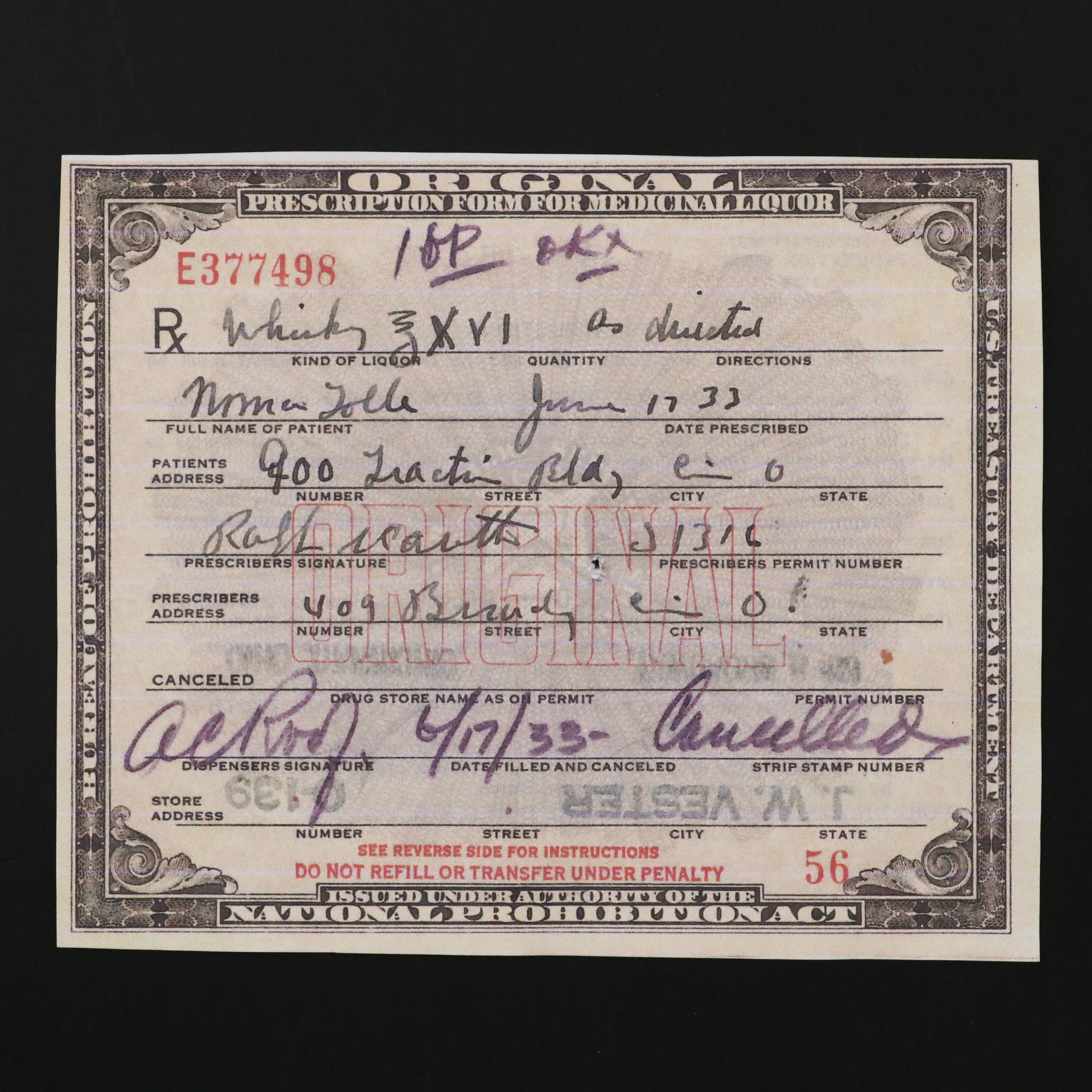Prohibition Style Whisky Prescription Form with Reproduction Sign