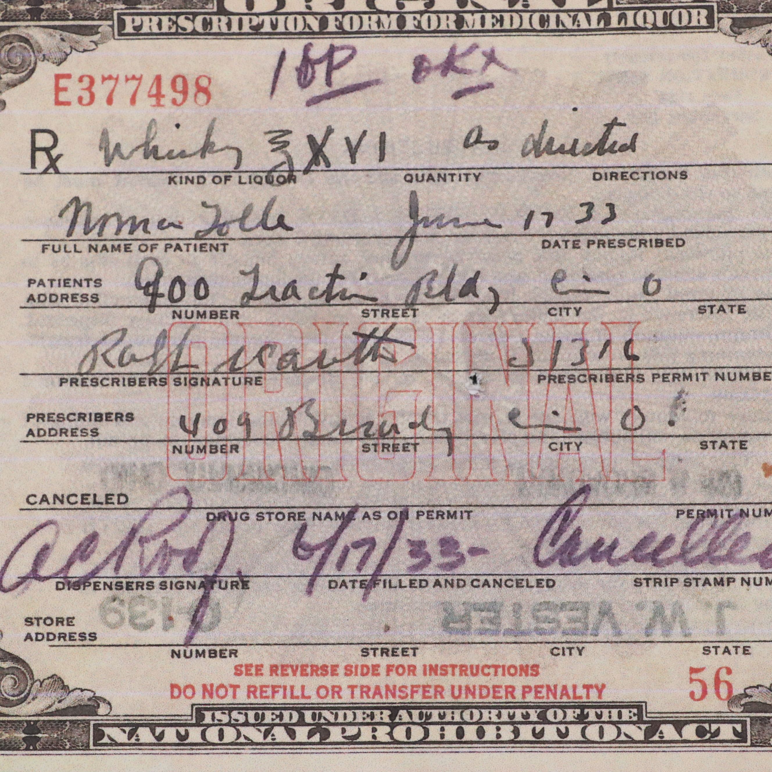 Prohibition Style Whisky Prescription Form with Reproduction Sign