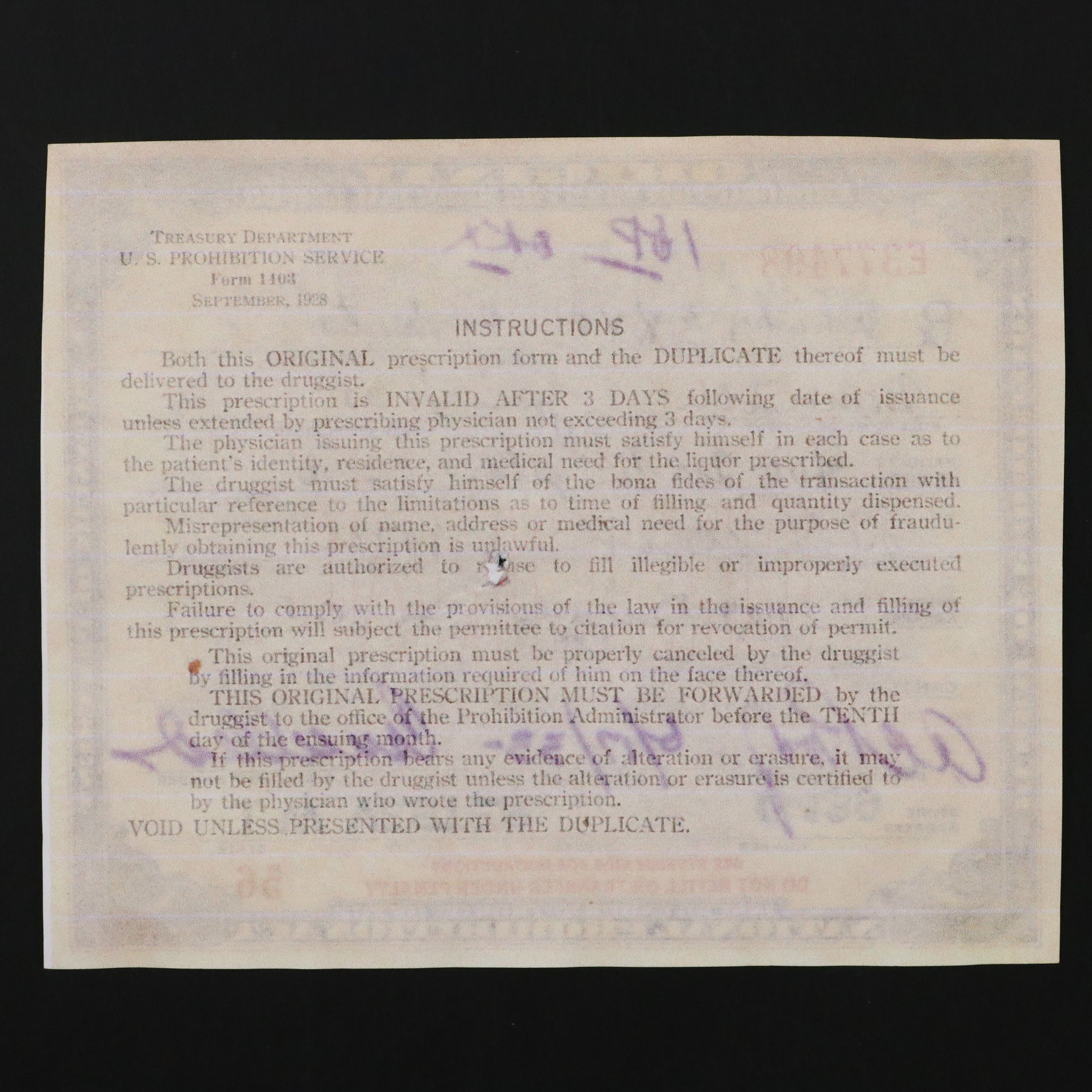 Prohibition Style Whisky Prescription Form with Reproduction Sign