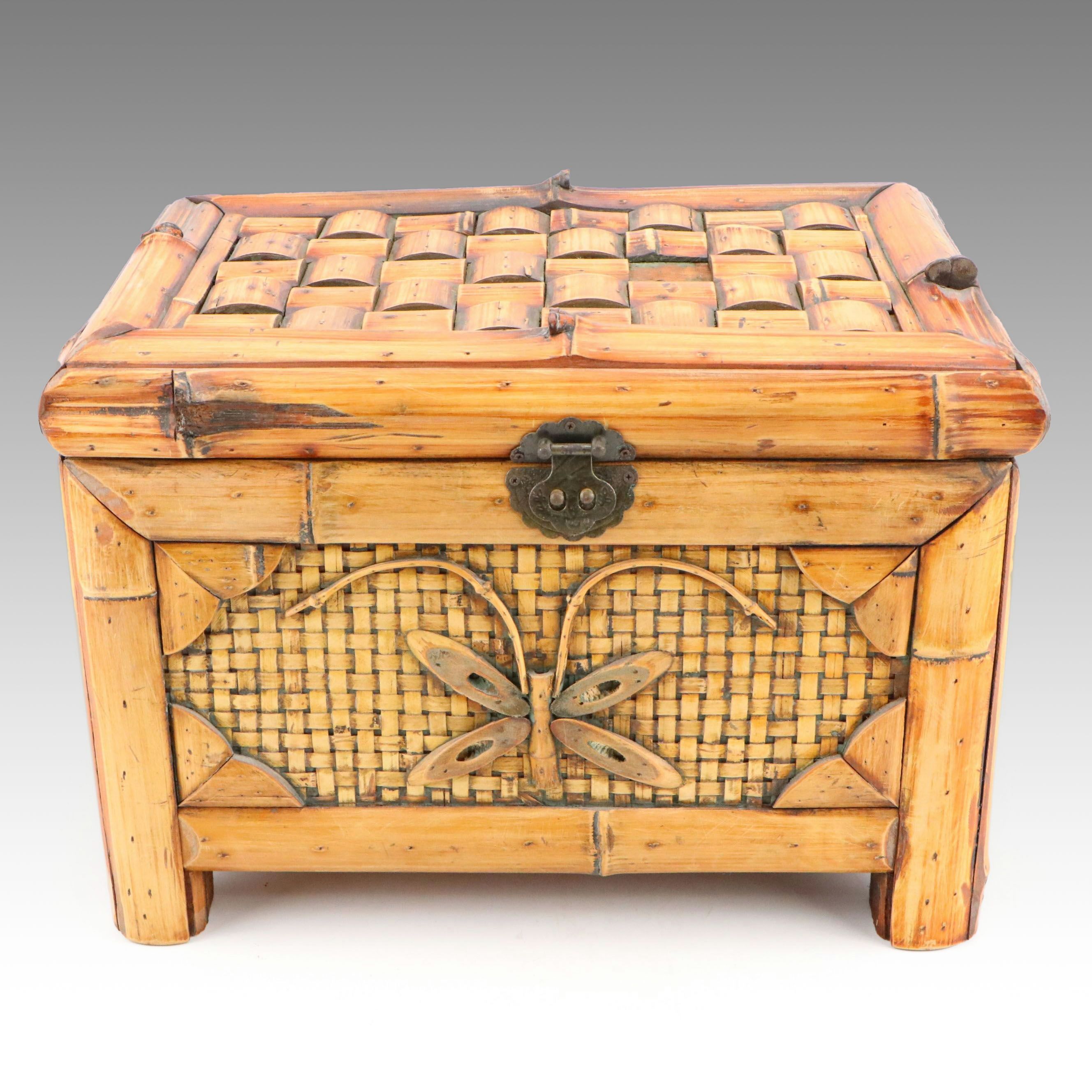 Handmade Bamboo and Rattan Chest with Butterfly Motif