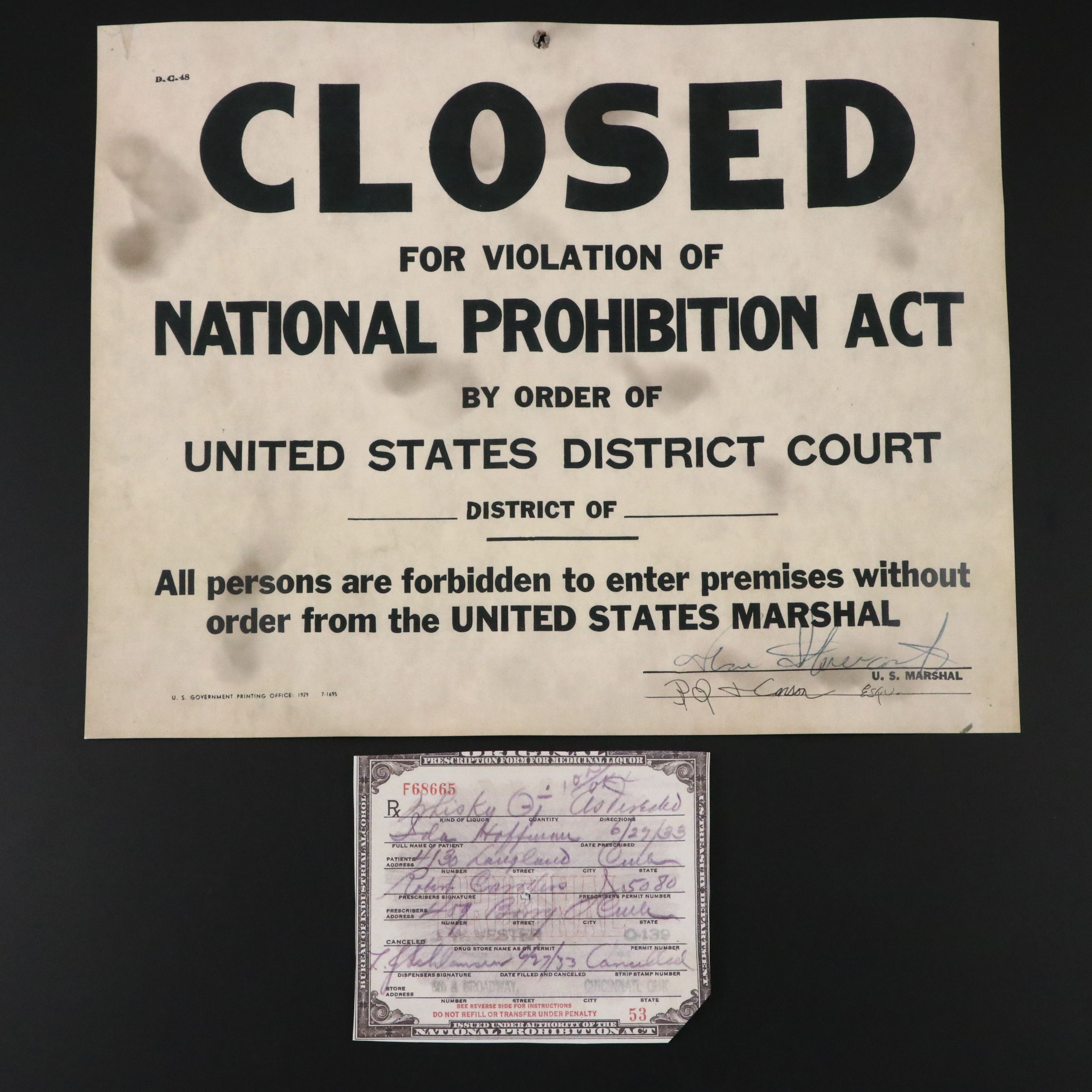 Prohibition Style Whisky Prescription Form with Reproduction Sign