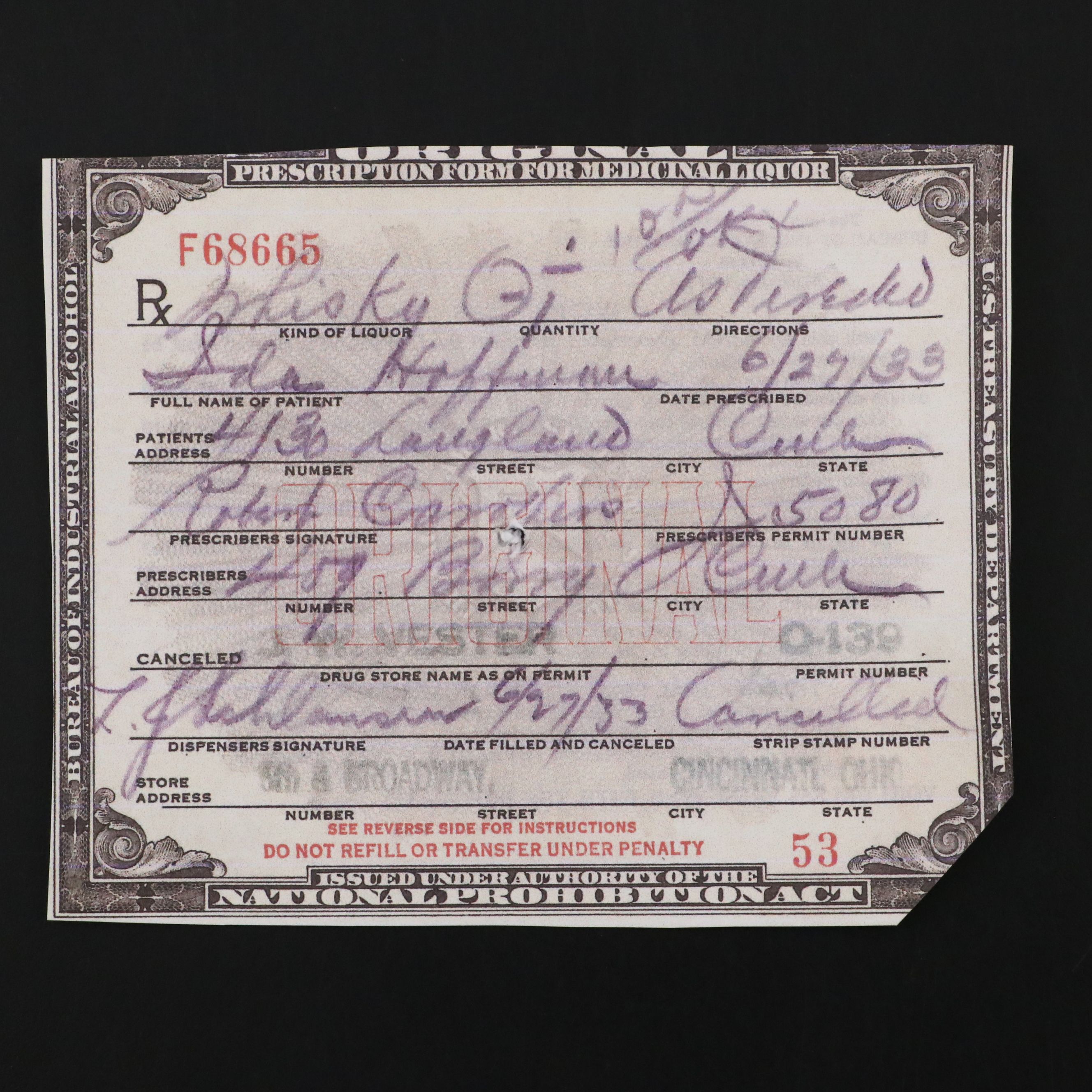 Prohibition Style Whisky Prescription Form with Reproduction Sign