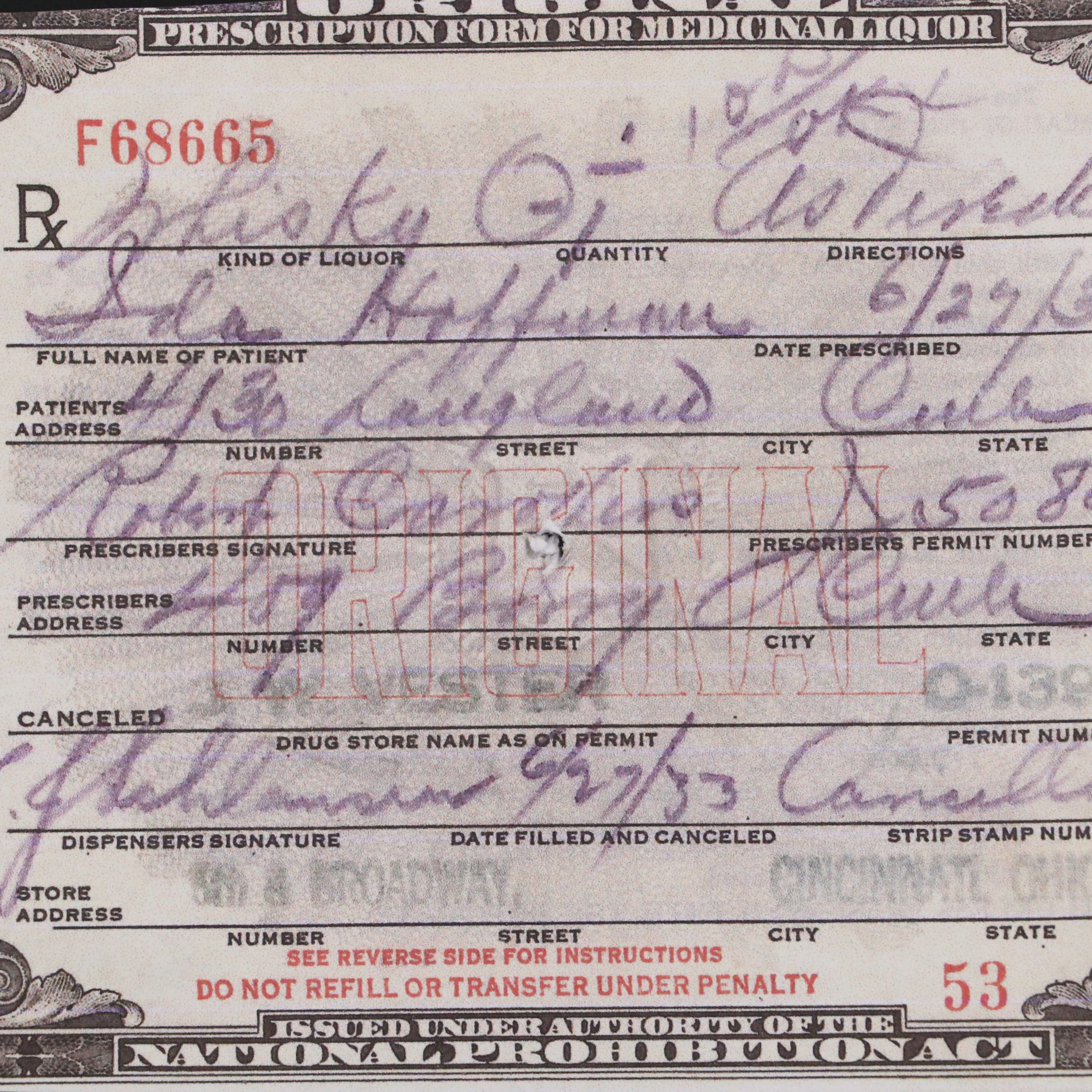 Prohibition Style Whisky Prescription Form with Reproduction Sign