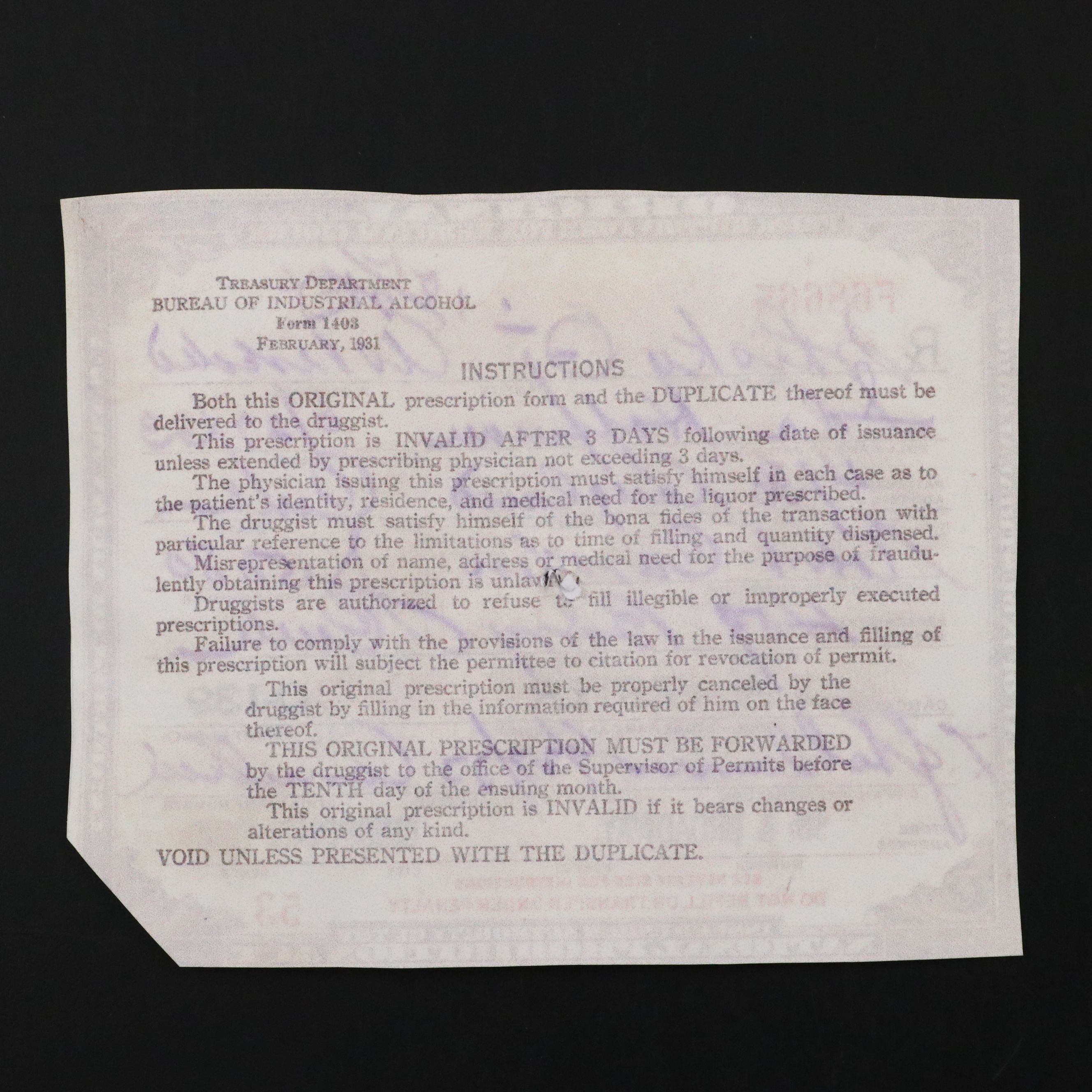 Prohibition Style Whisky Prescription Form with Reproduction Sign