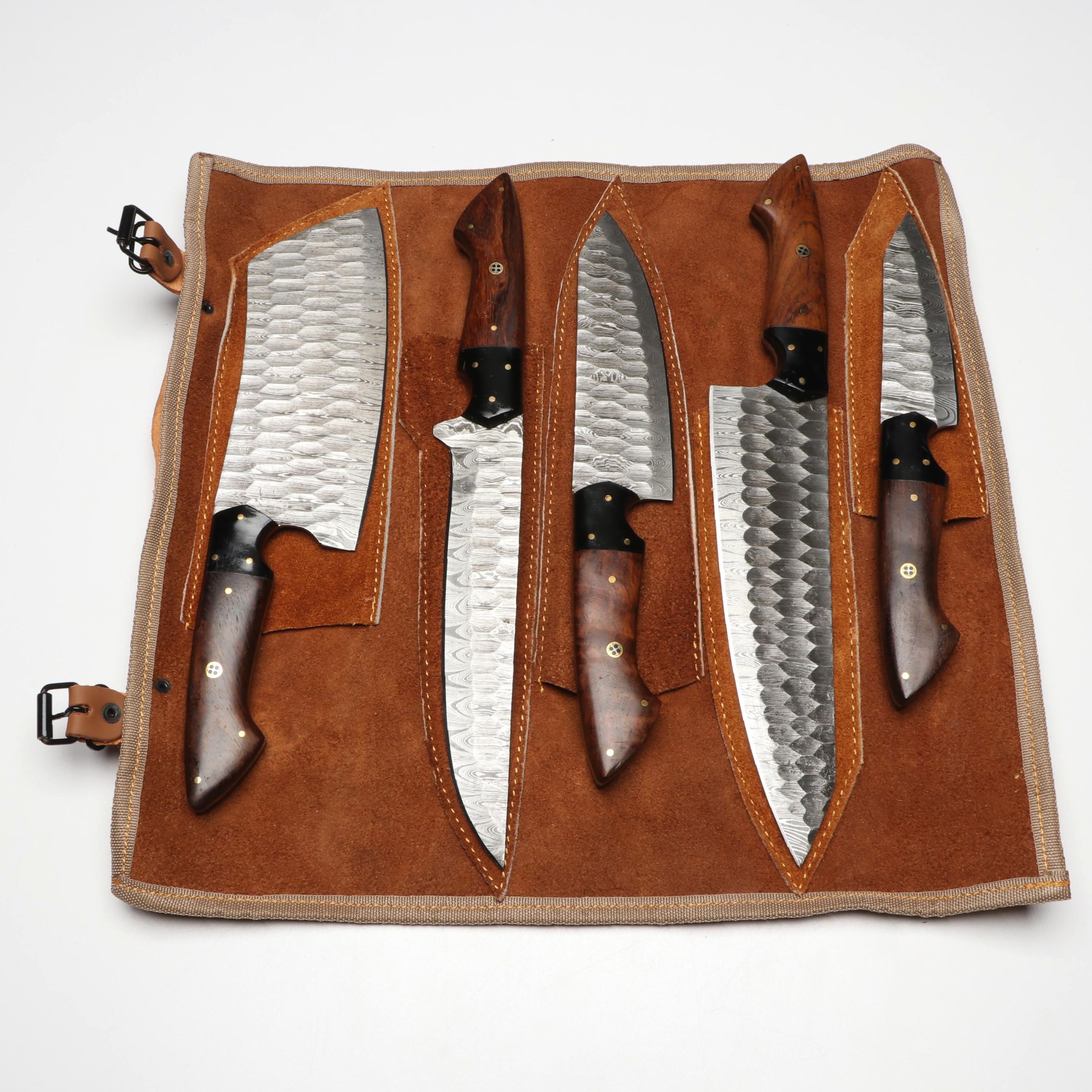 Damascus Steel and Wooden Handled Chef's Knife Set in Suede Leather Roll