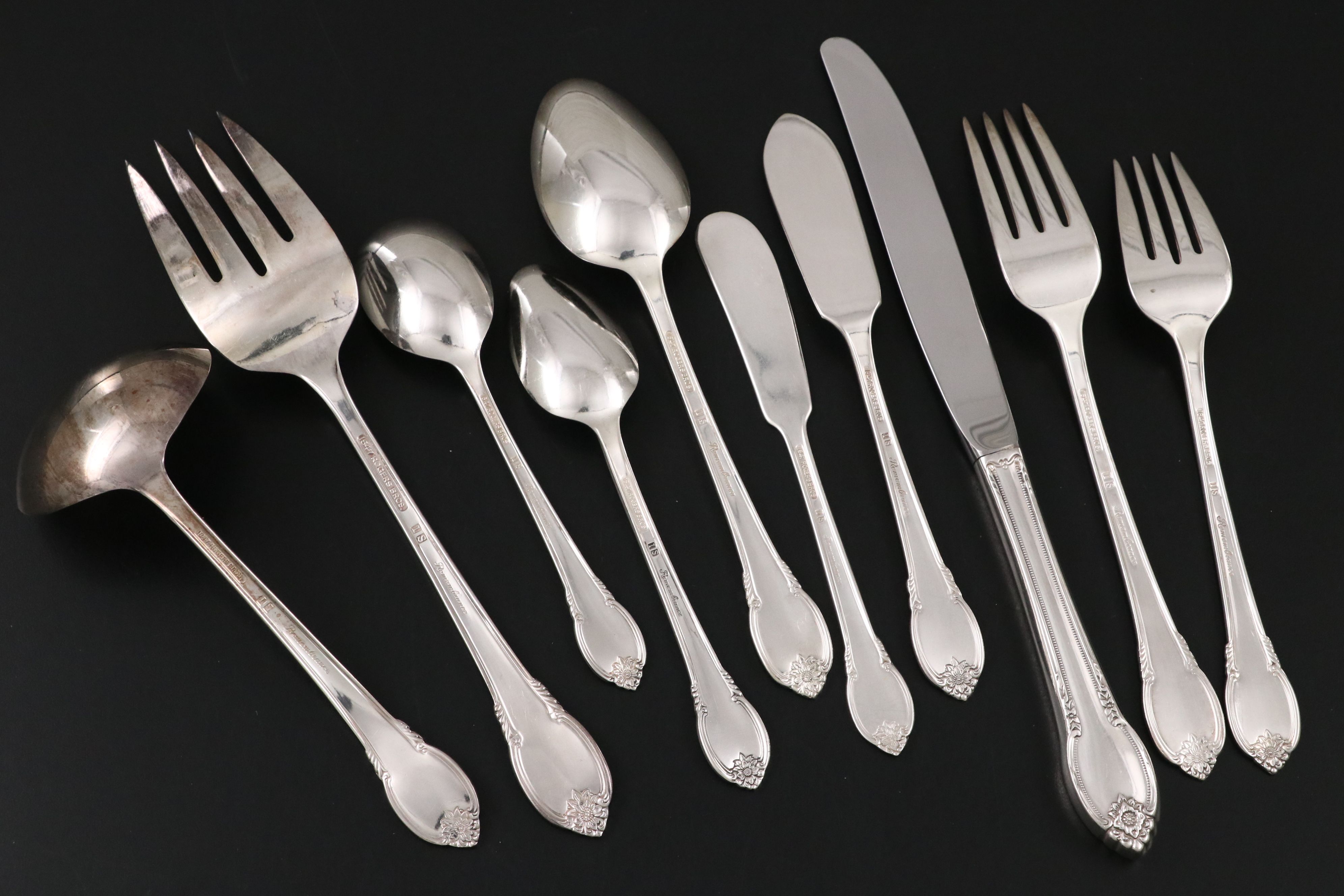 Rogers "Remembrance" Silver Plate Flatware with Sterling Shakers, 20th Century