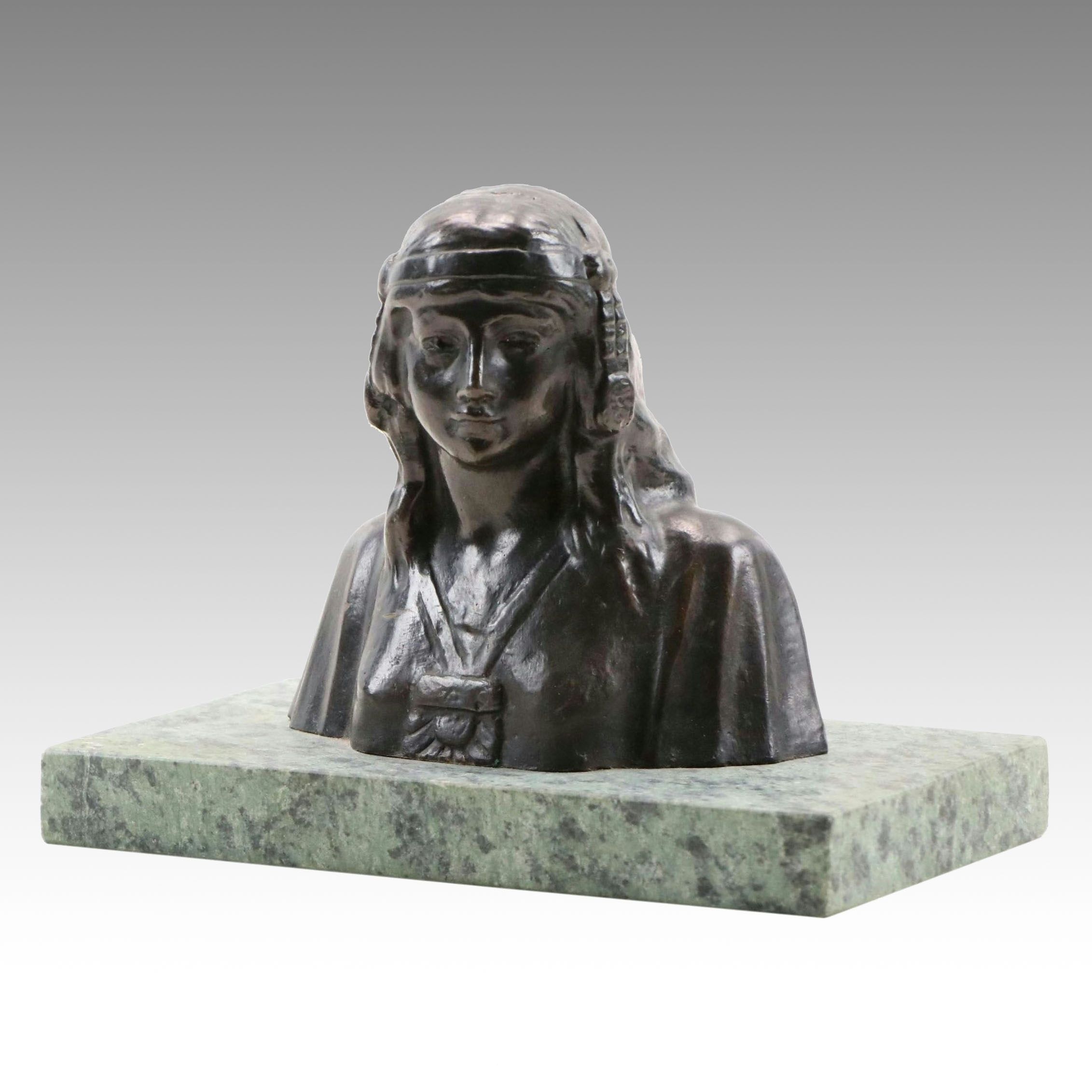 James Earle Fraser Patinated Cast Bronze Bust of Native American Girl, 1924