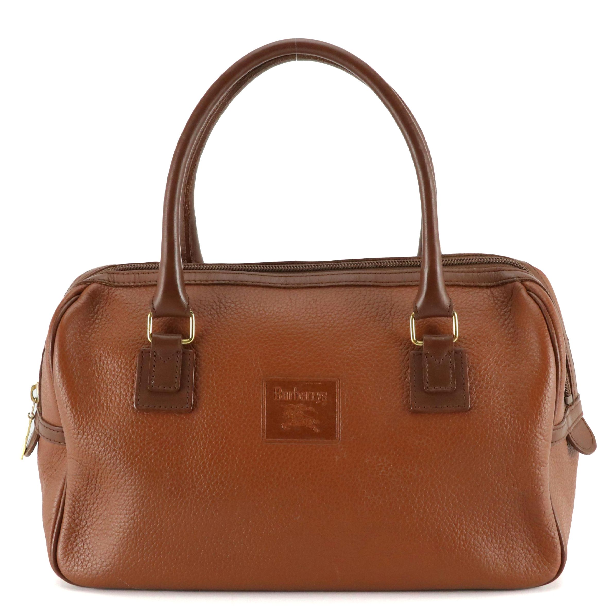 Burberrys Calfskin Grain Leather Boston Handbag with Haymarket Check Lining