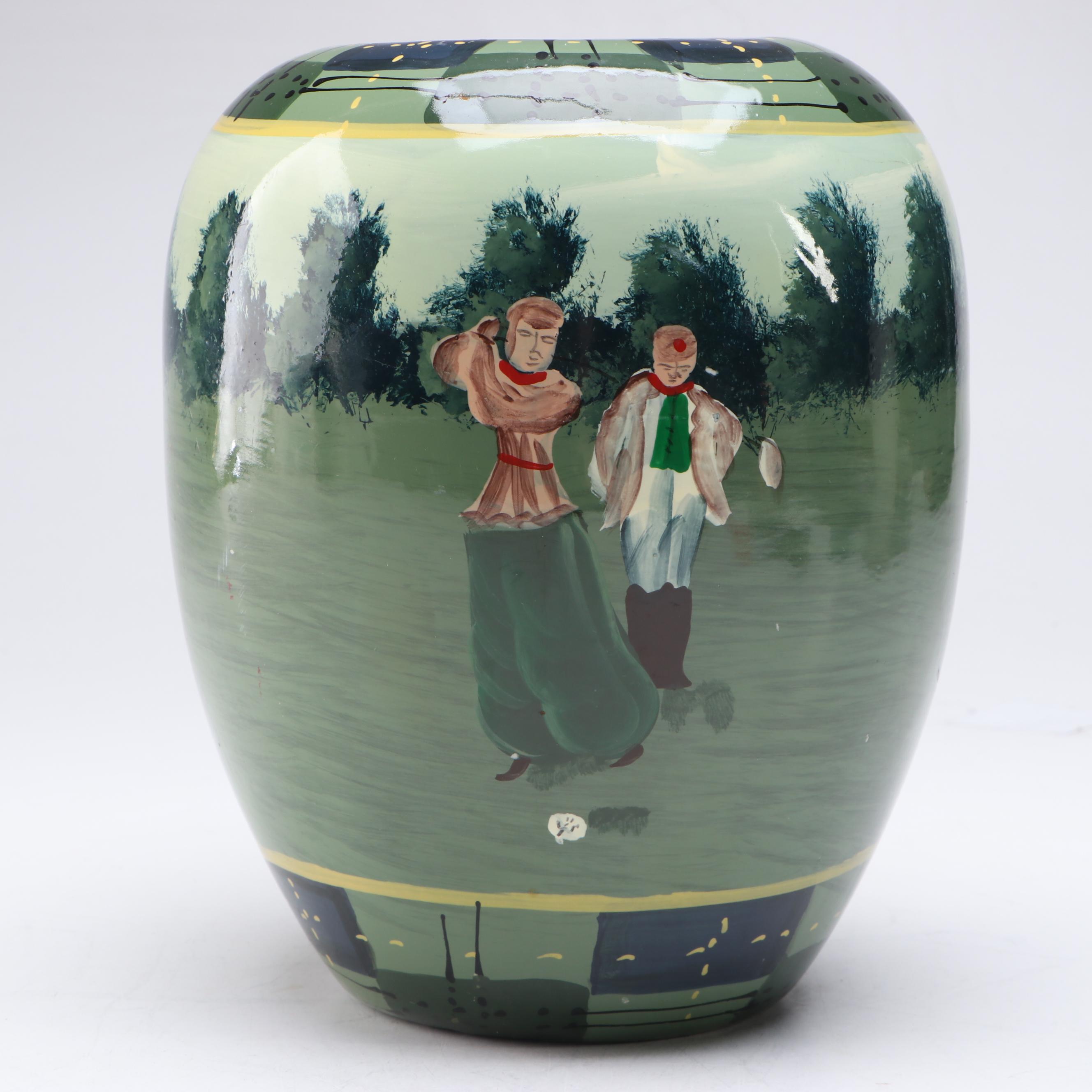 Golf Scene Hand-Painted Ceramic Vase