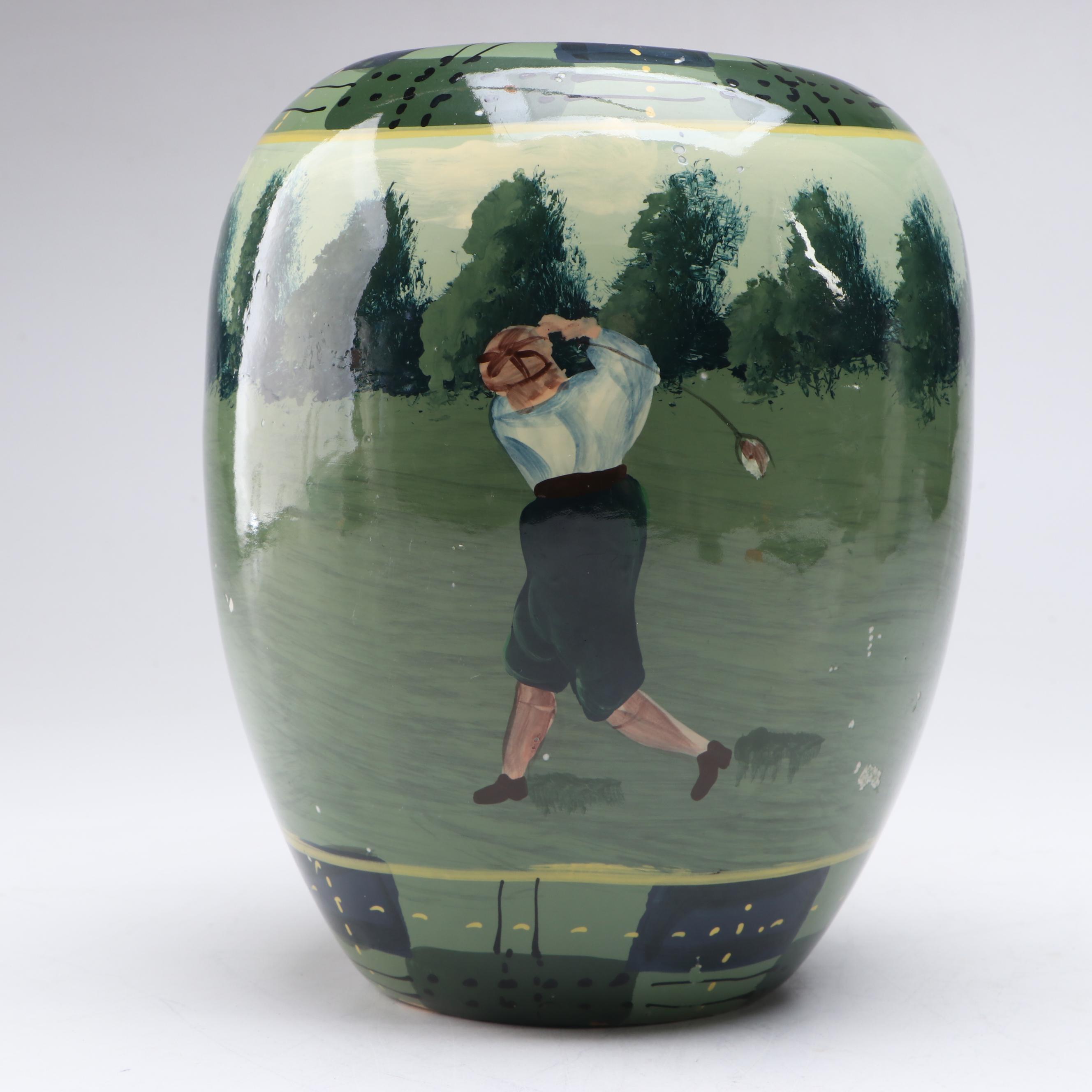 Golf Scene Hand-Painted Ceramic Vase