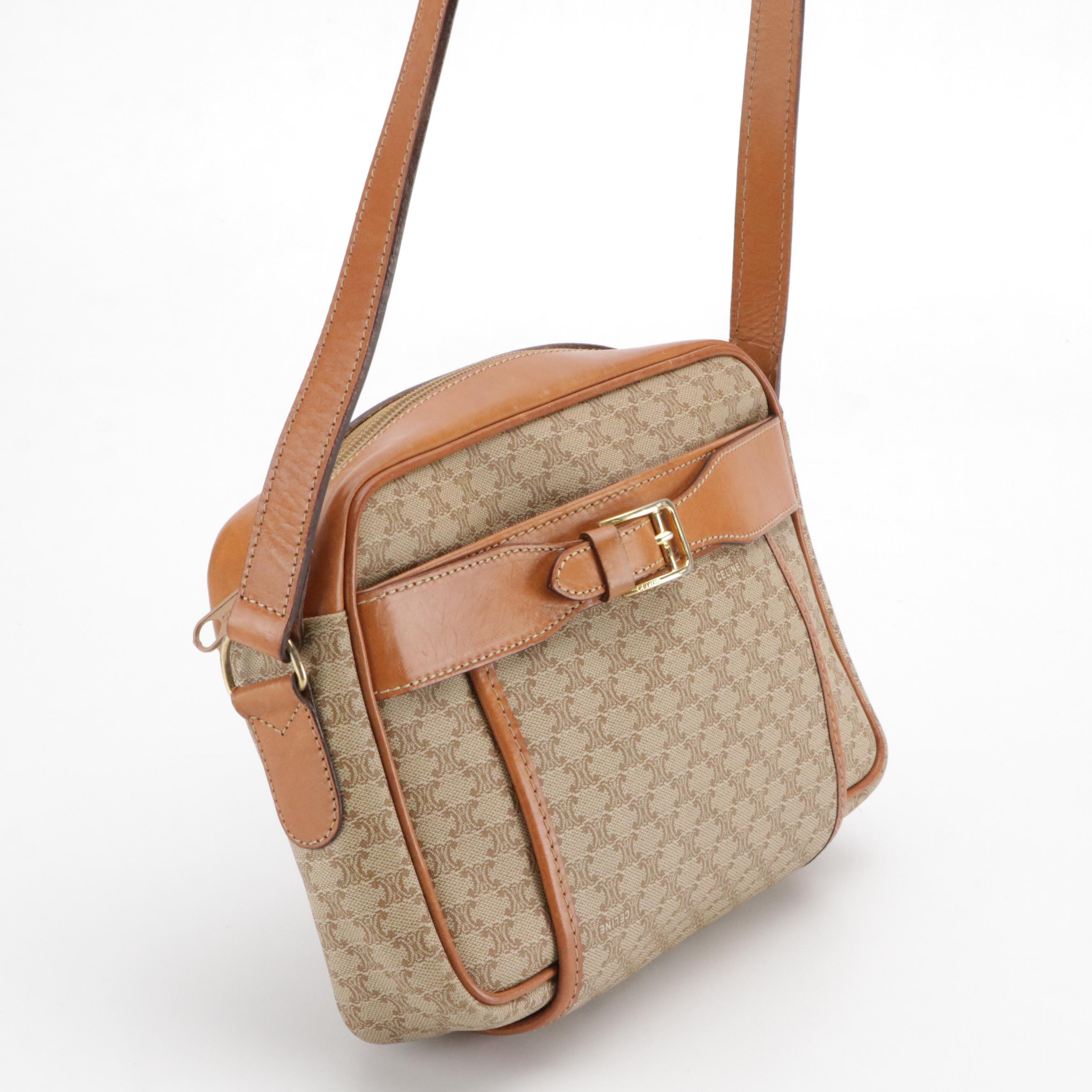 Celine Buckle Front Pocket Crossbody Bag in Beige Macadam Canvas and Leather