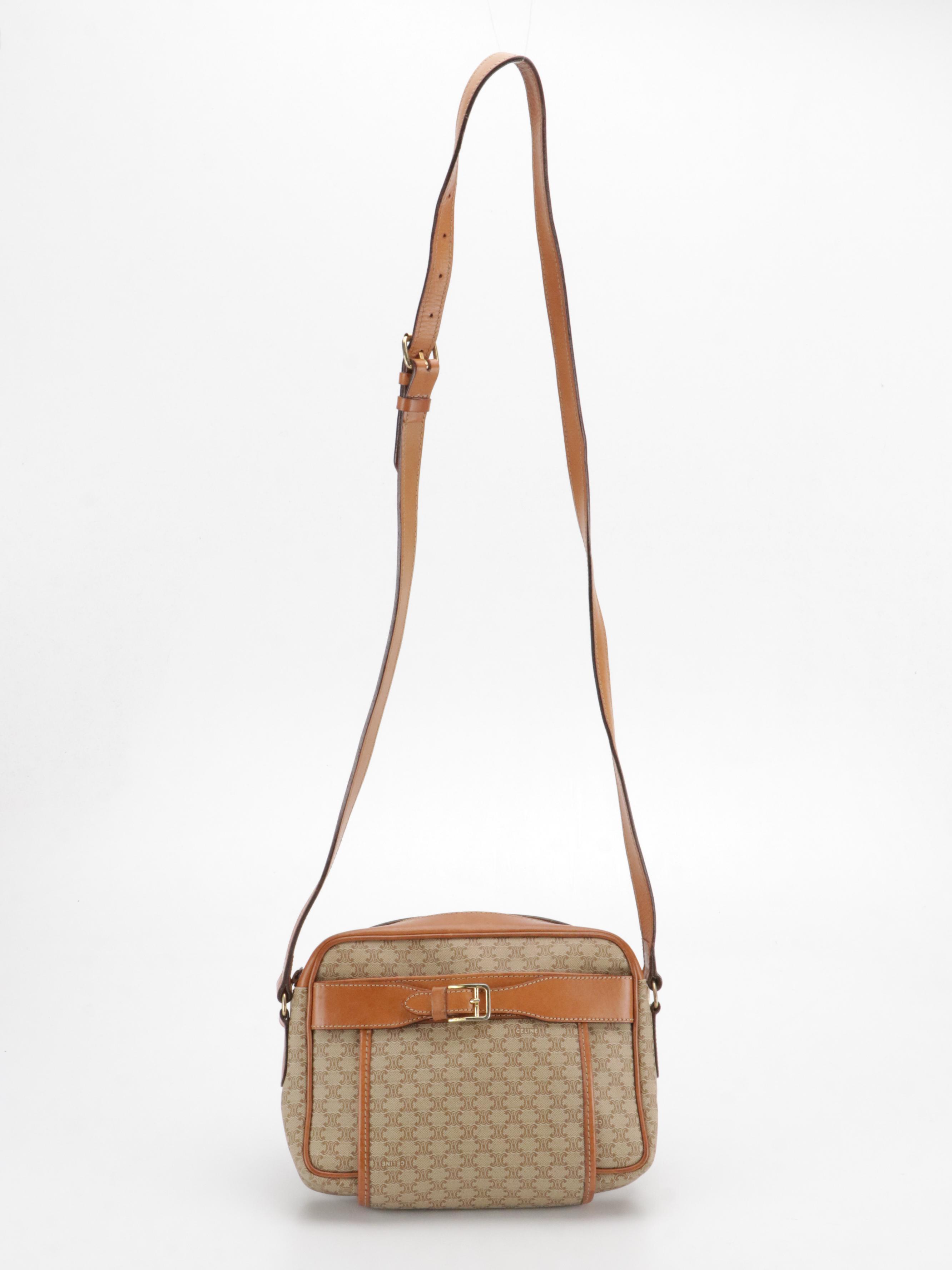 Celine Buckle Front Pocket Crossbody Bag in Beige Macadam Canvas and Leather