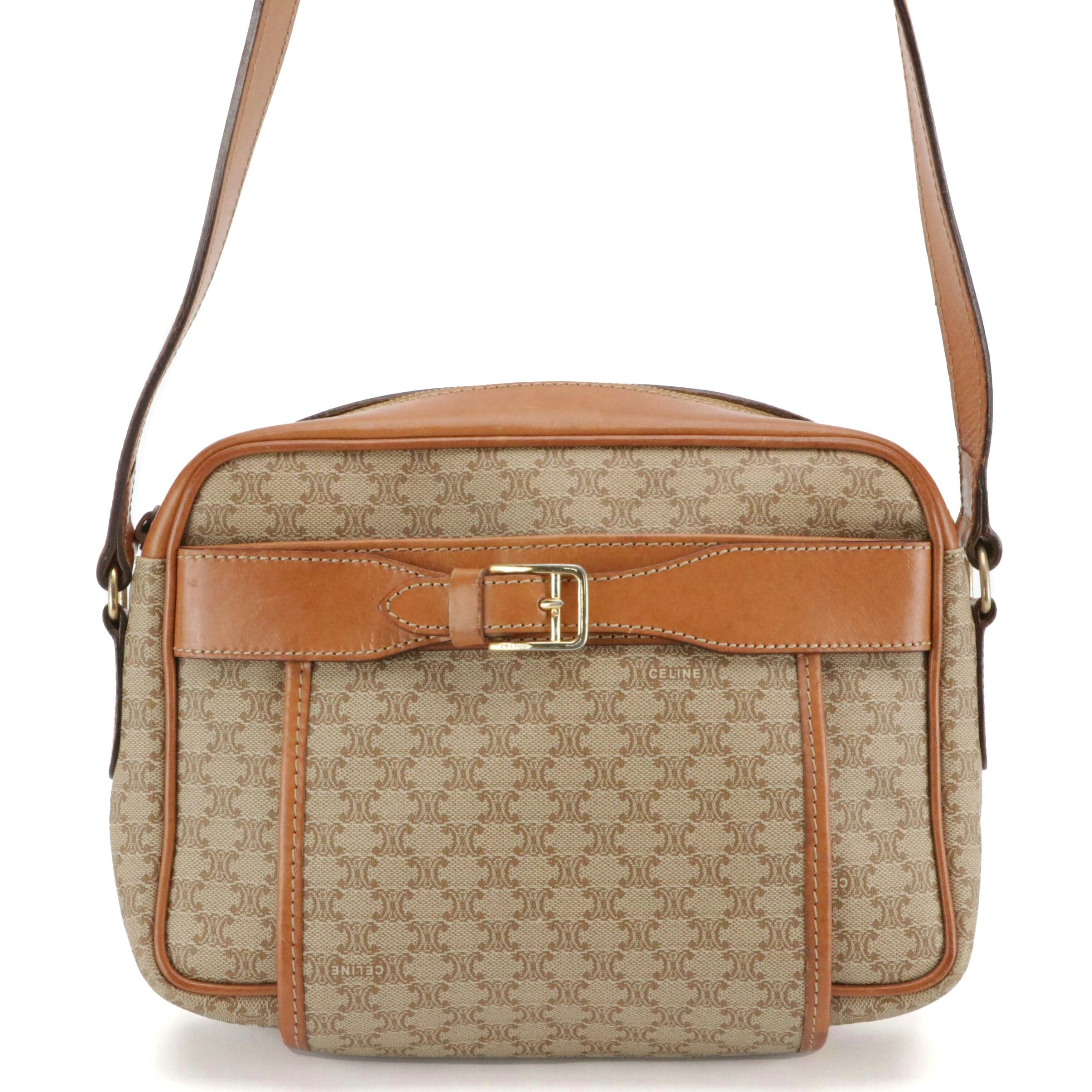 Celine Buckle Front Pocket Crossbody Bag in Beige Macadam Canvas and Leather