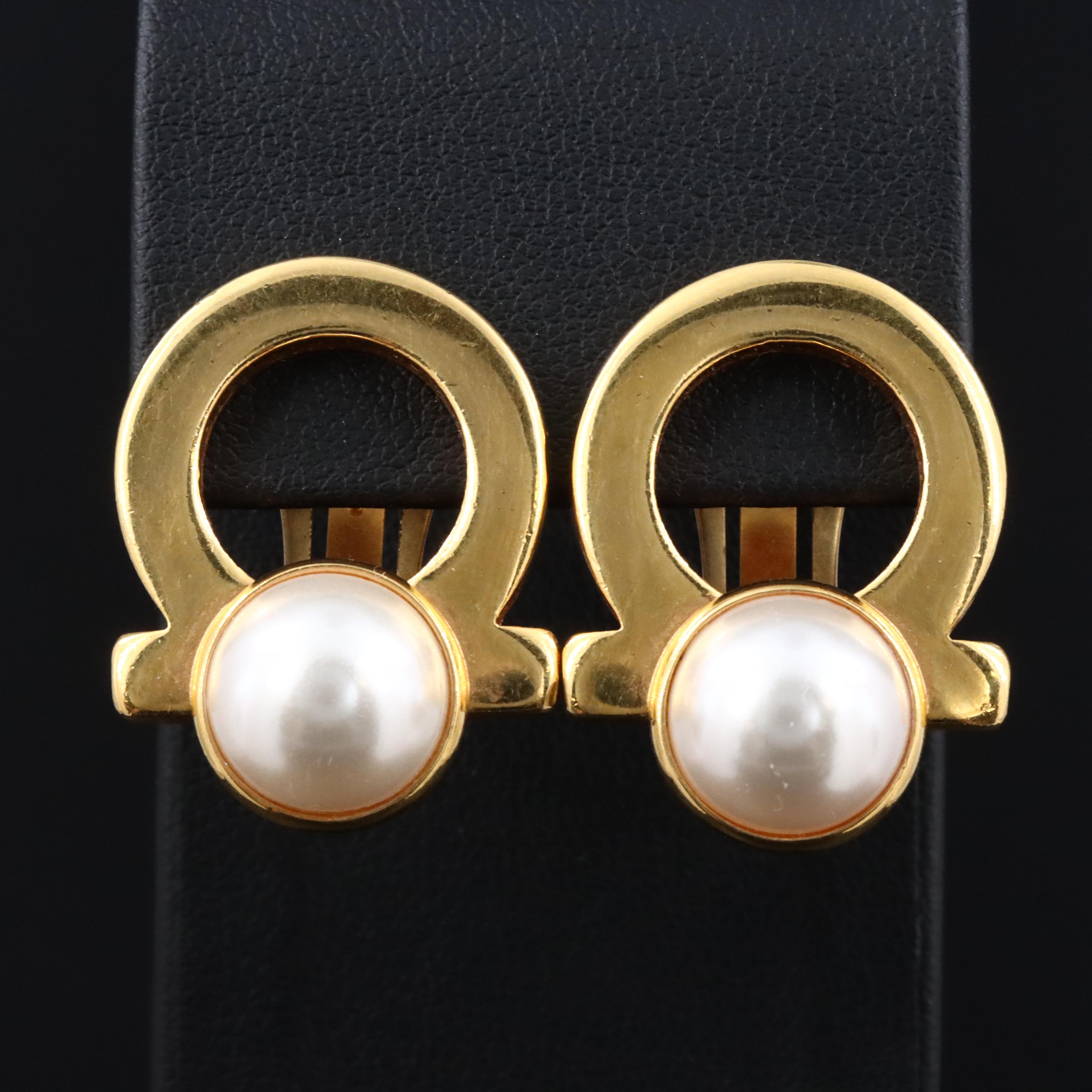 Salvatore Ferragamo Gancini Faux Pearl Clip Earrings