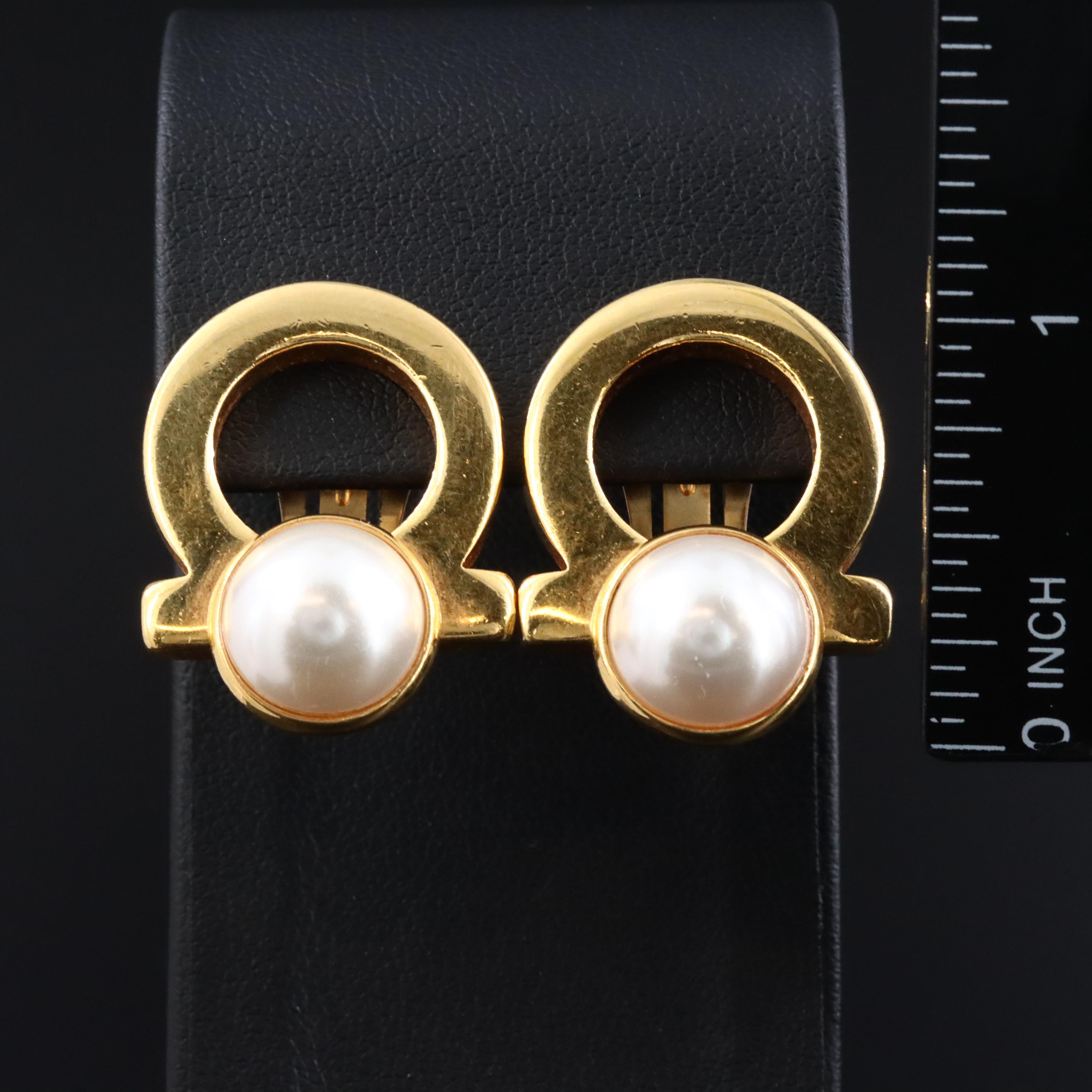 Salvatore Ferragamo Gancini Faux Pearl Clip Earrings