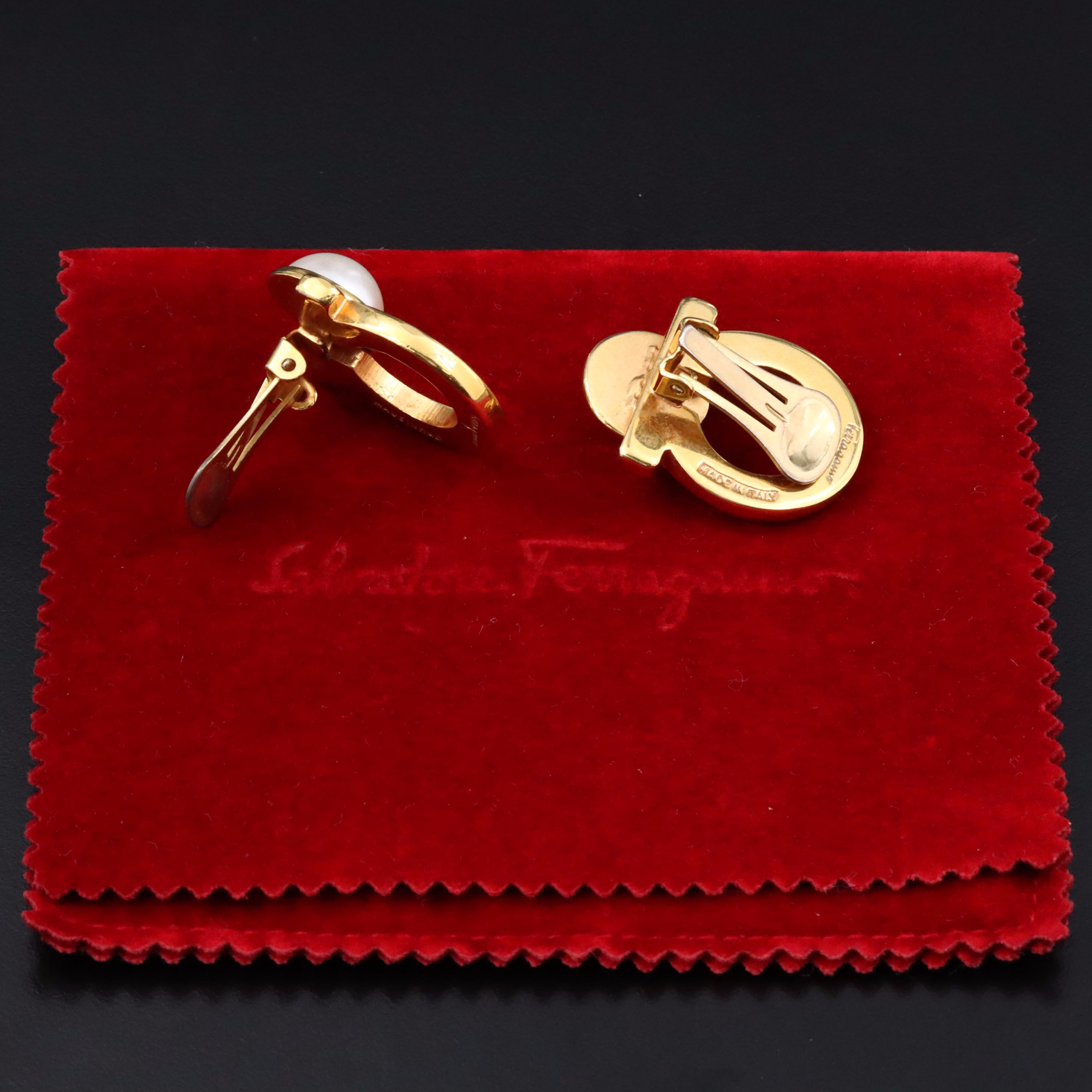 Salvatore Ferragamo Gancini Faux Pearl Clip Earrings