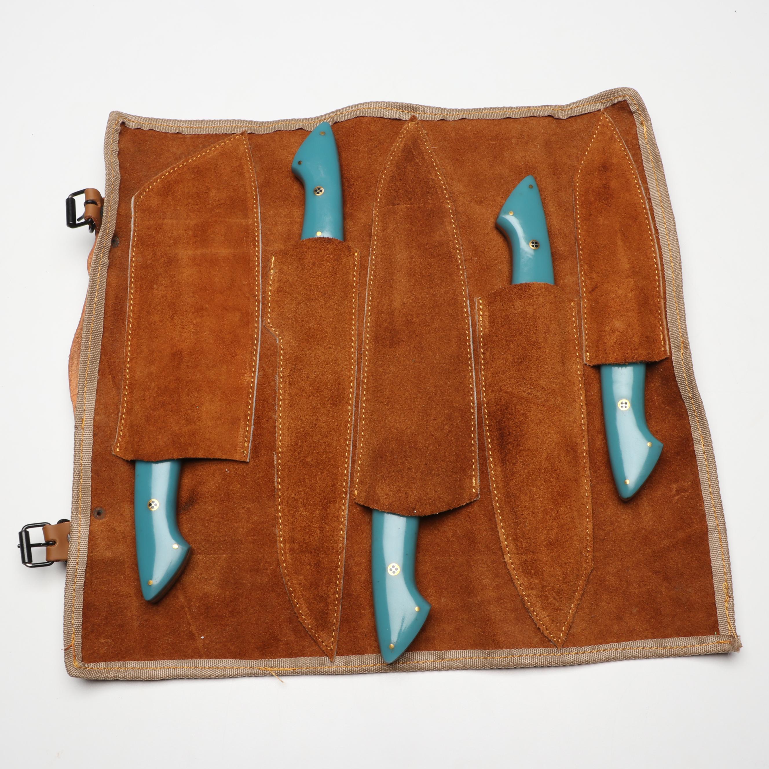 Damascus Steel and Blue Resin Handled Chef's Knife Set in Suede Leather Roll