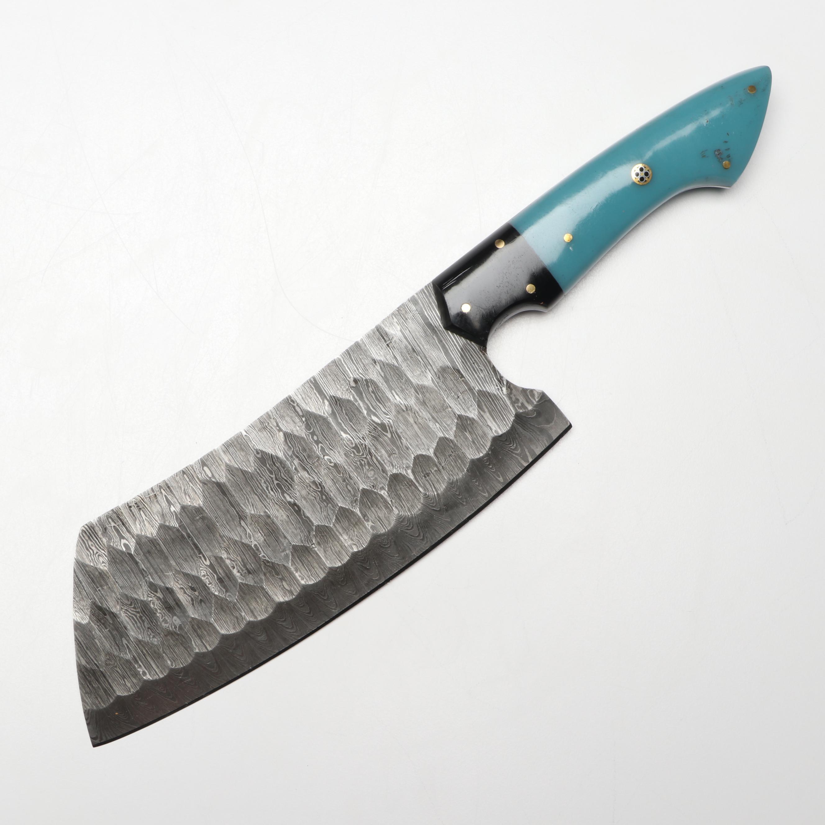 Damascus Steel and Blue Resin Handled Chef's Knife Set in Suede Leather Roll