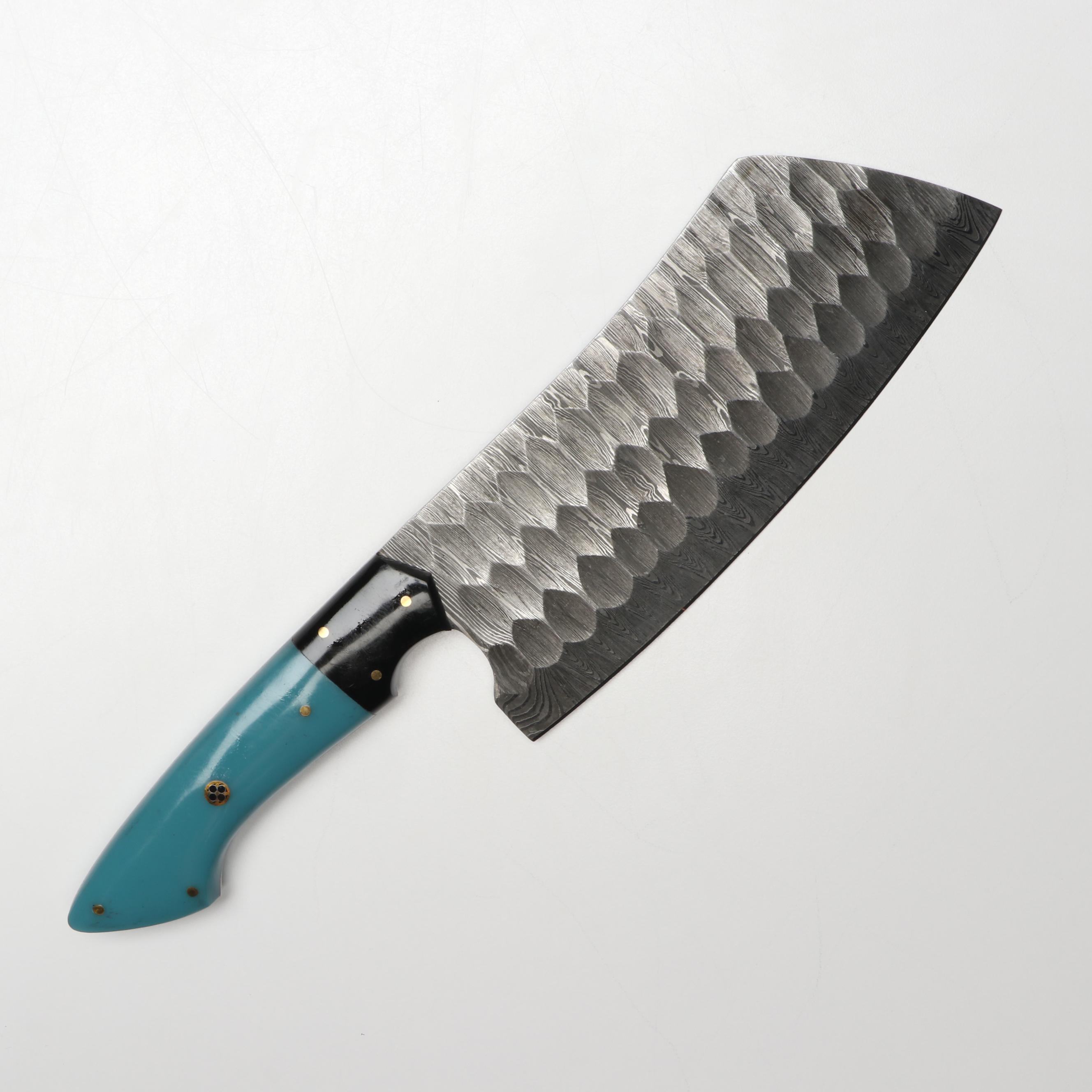 Damascus Steel and Blue Resin Handled Chef's Knife Set in Suede Leather Roll