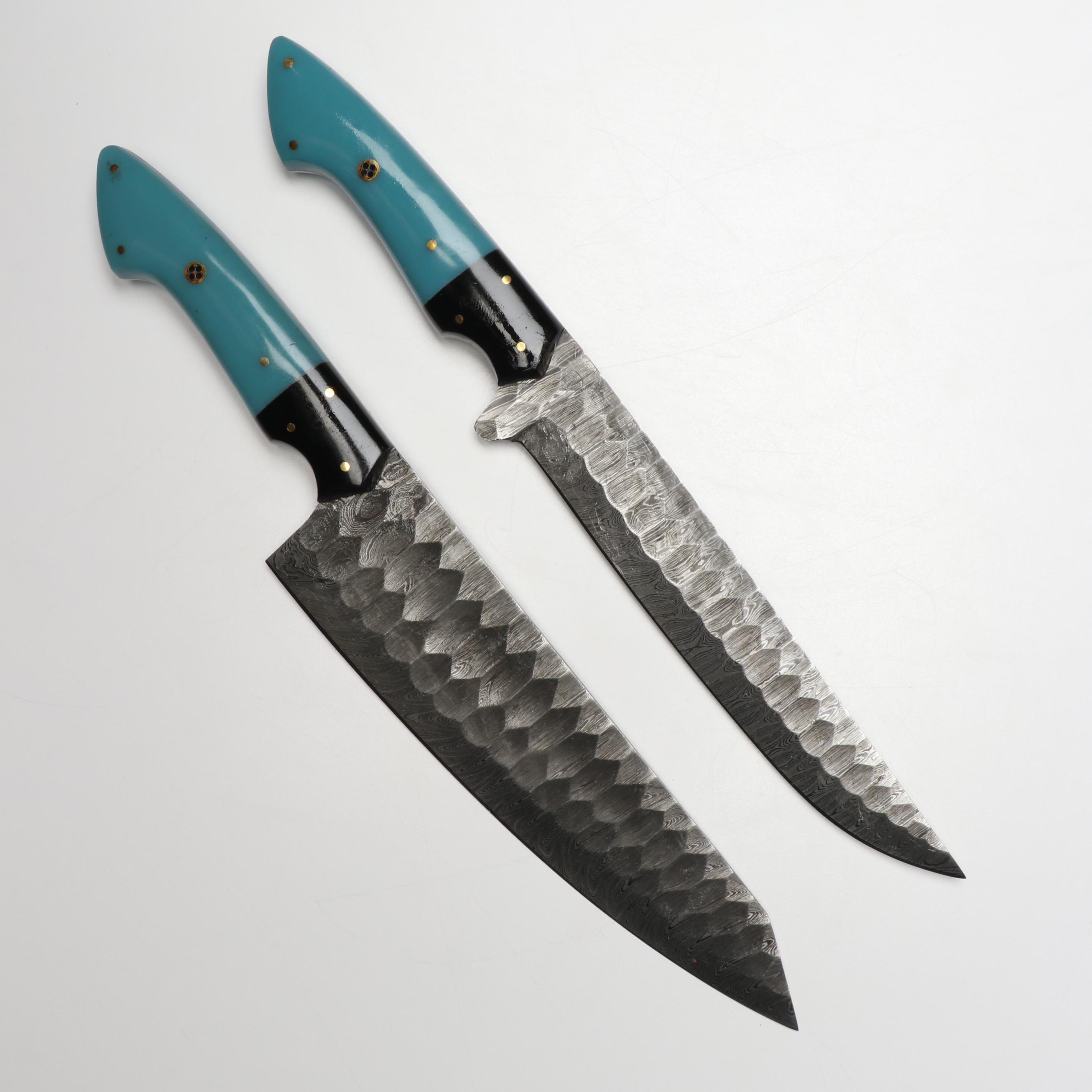 Damascus Steel and Blue Resin Handled Chef's Knife Set in Suede Leather Roll