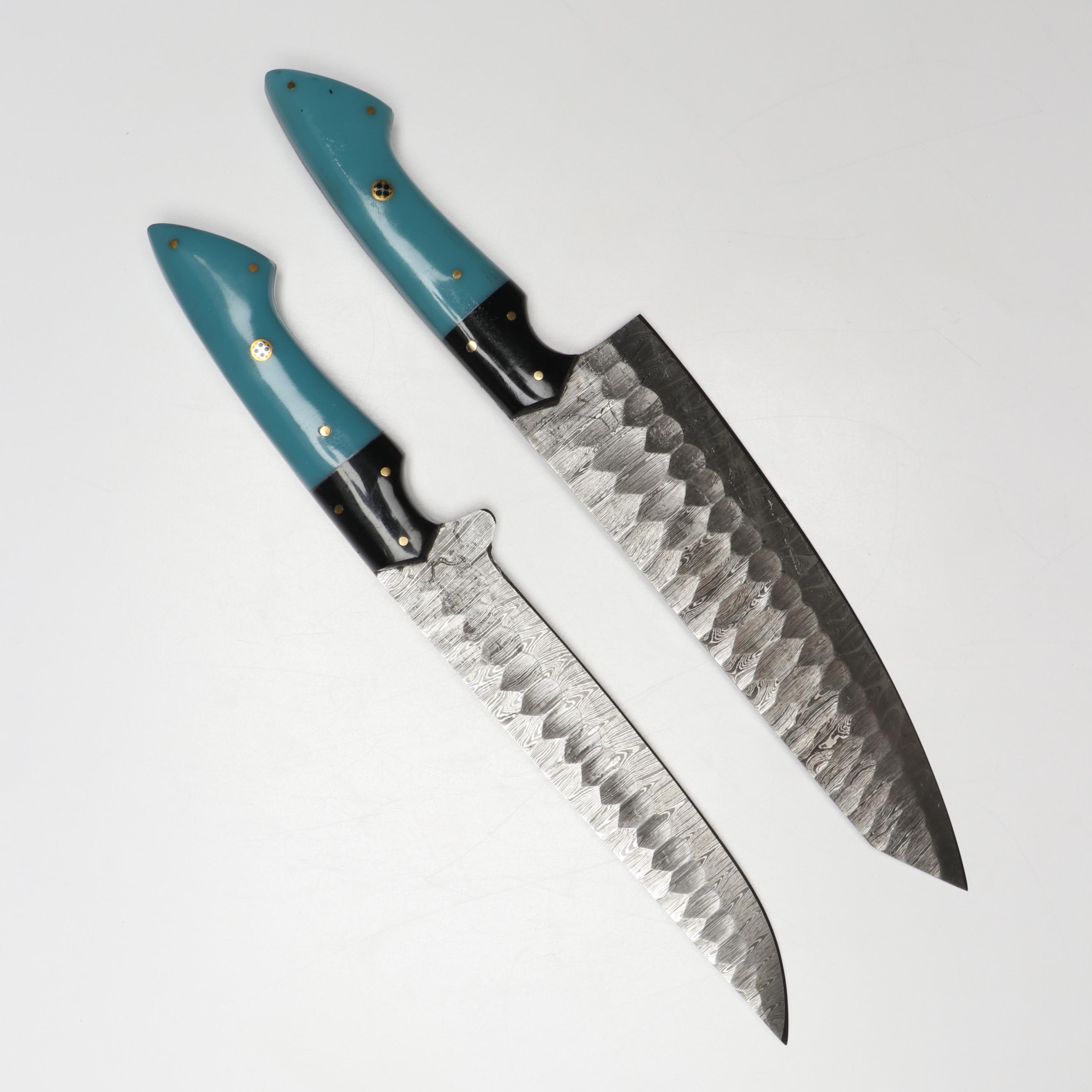 Damascus Steel and Blue Resin Handled Chef's Knife Set in Suede Leather Roll