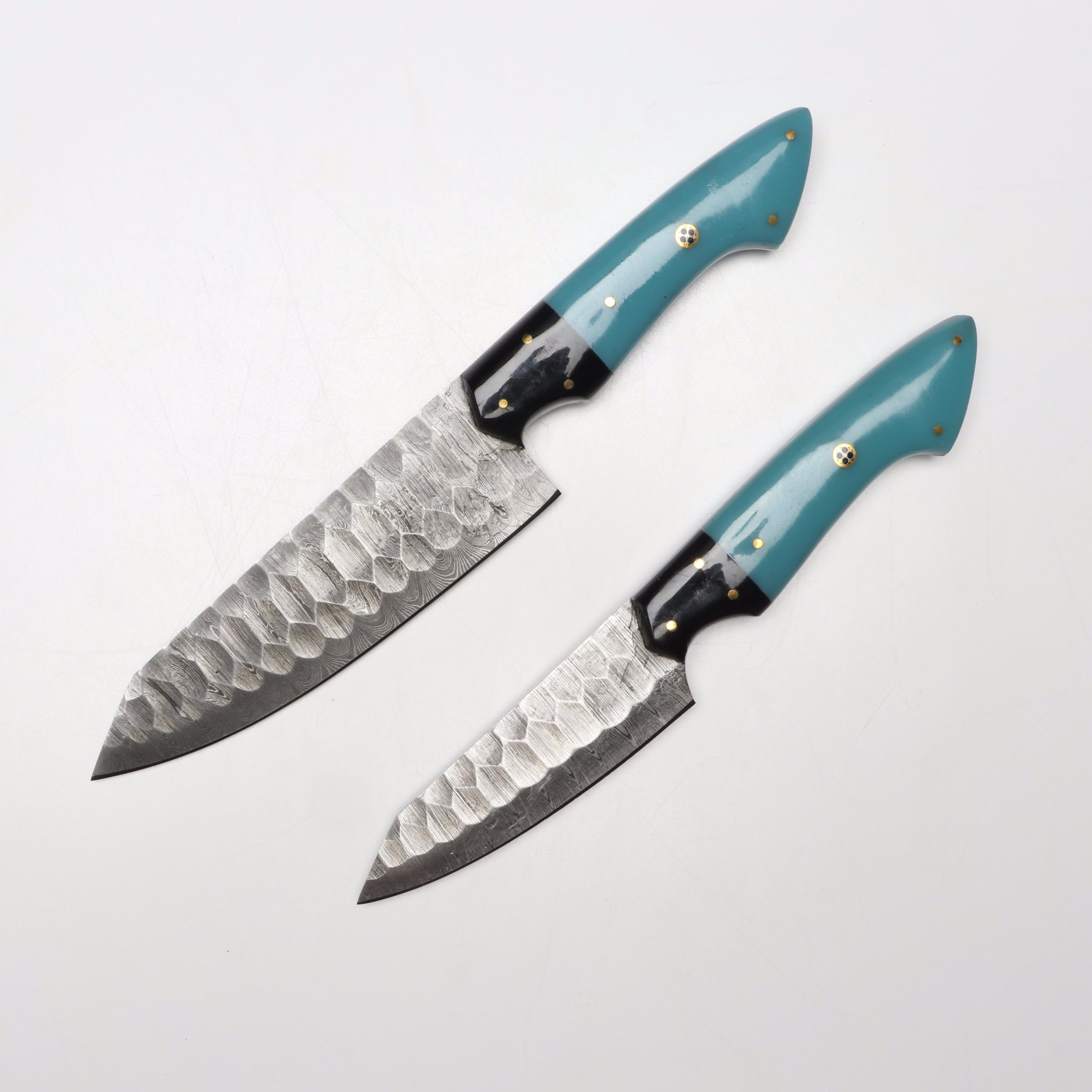 Damascus Steel and Blue Resin Handled Chef's Knife Set in Suede Leather Roll