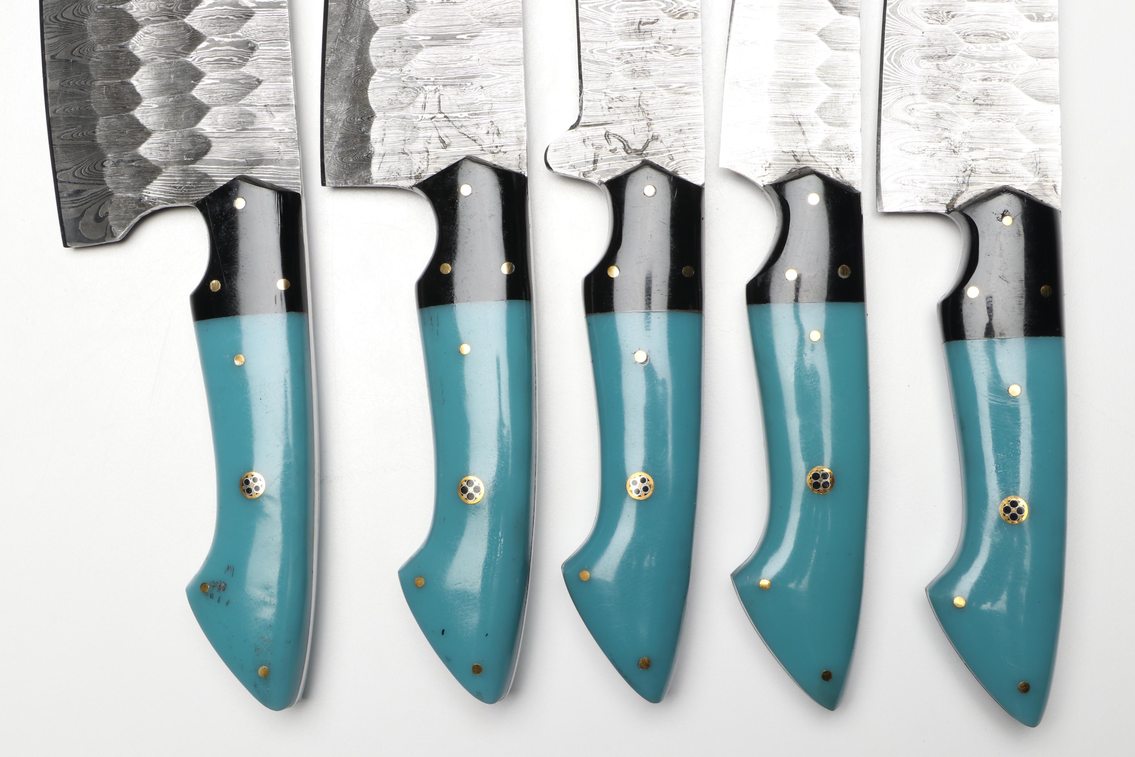 Damascus Steel and Blue Resin Handled Chef's Knife Set in Suede Leather Roll