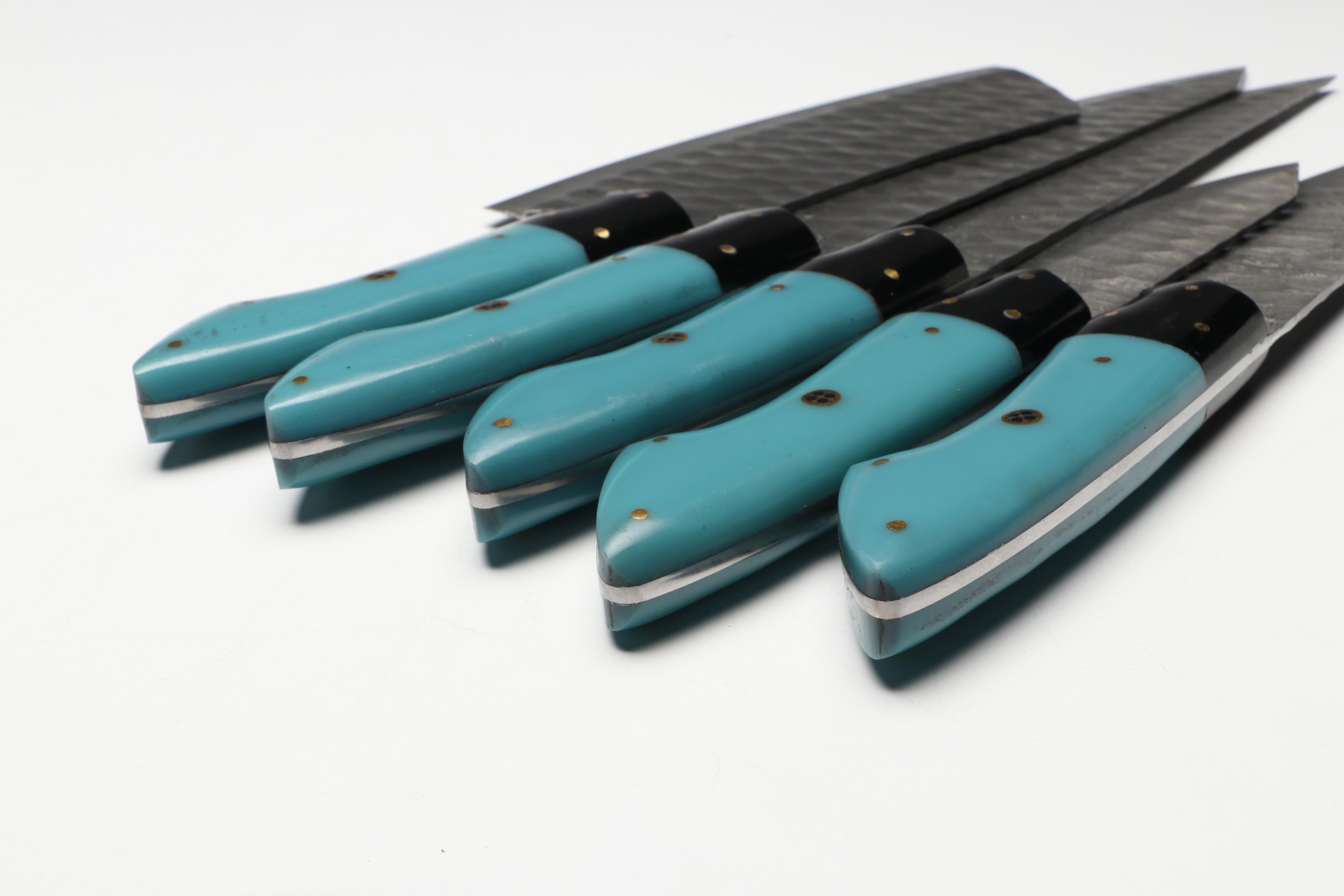 Damascus Steel and Blue Resin Handled Chef's Knife Set in Suede Leather Roll