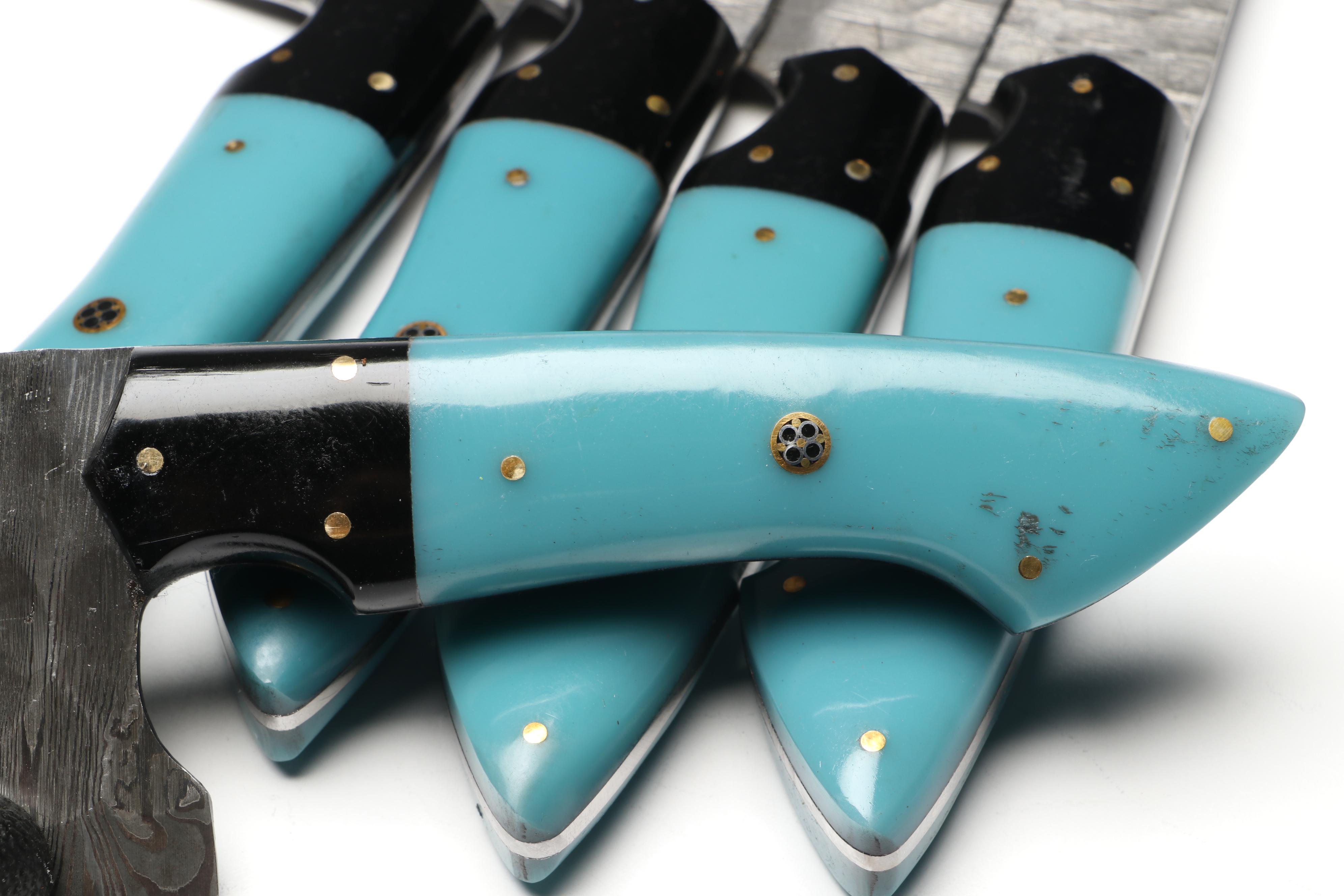 Damascus Steel and Blue Resin Handled Chef's Knife Set in Suede Leather Roll