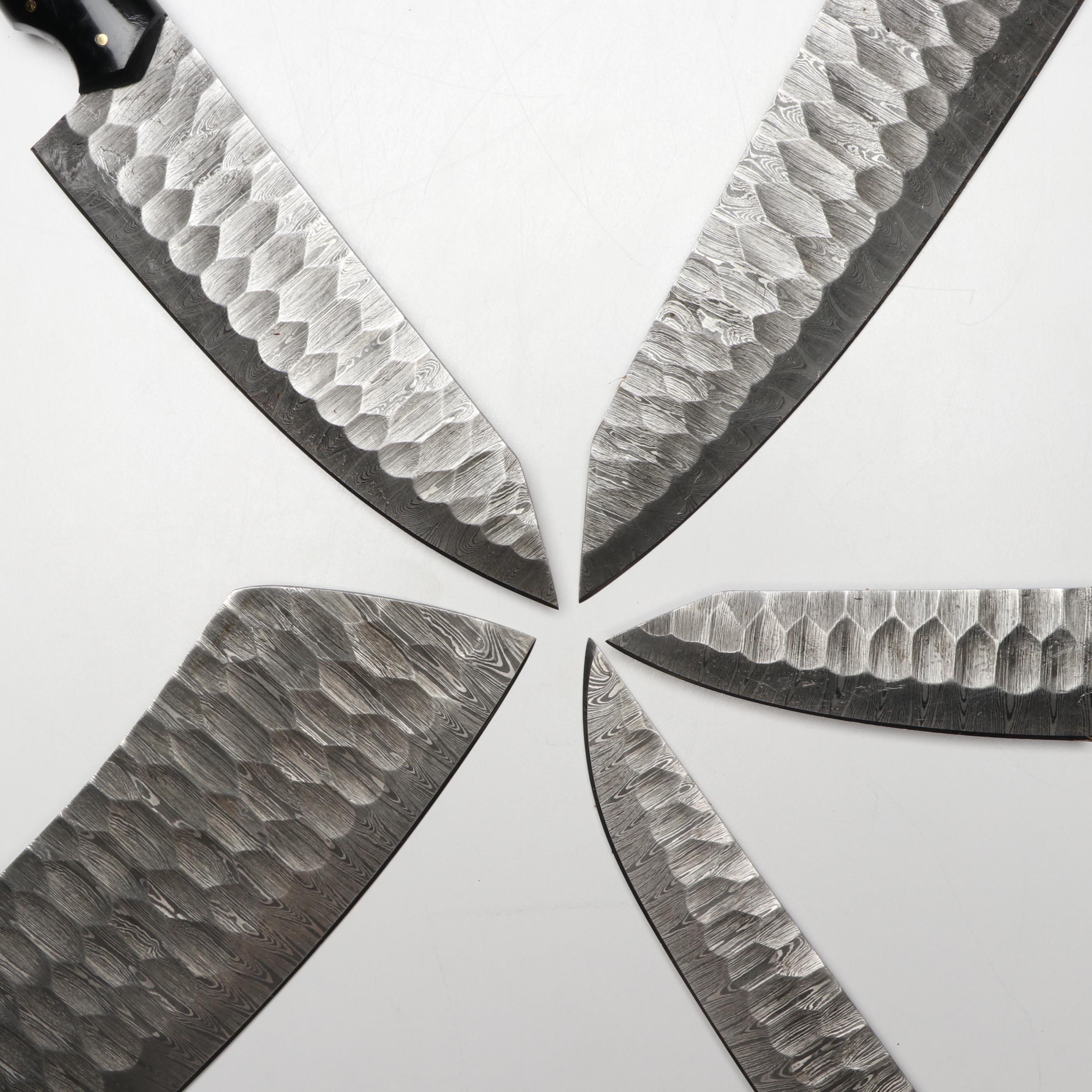 Damascus Steel and Blue Resin Handled Chef's Knife Set in Suede Leather Roll