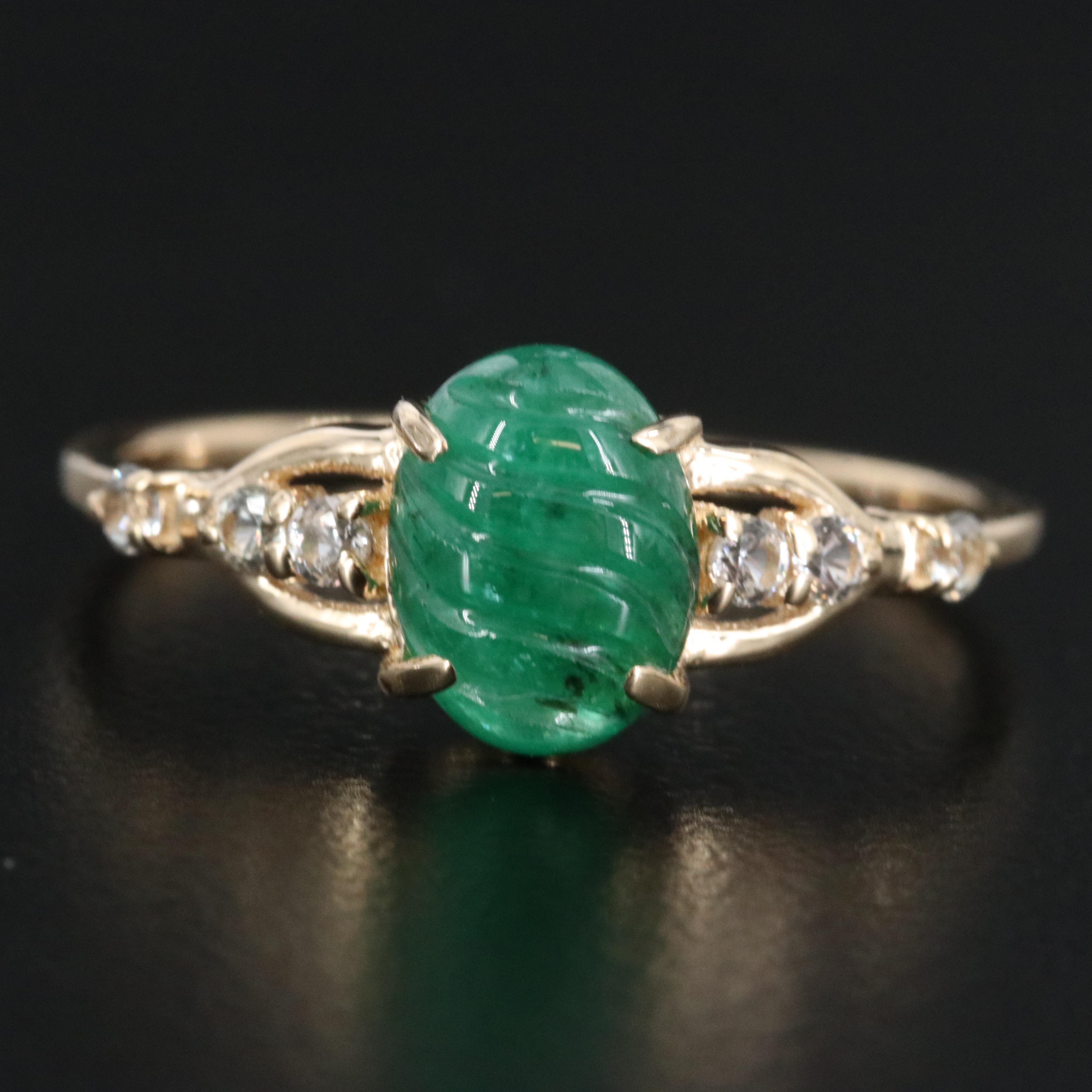 14K Carved Emerald and White Sapphire Ring