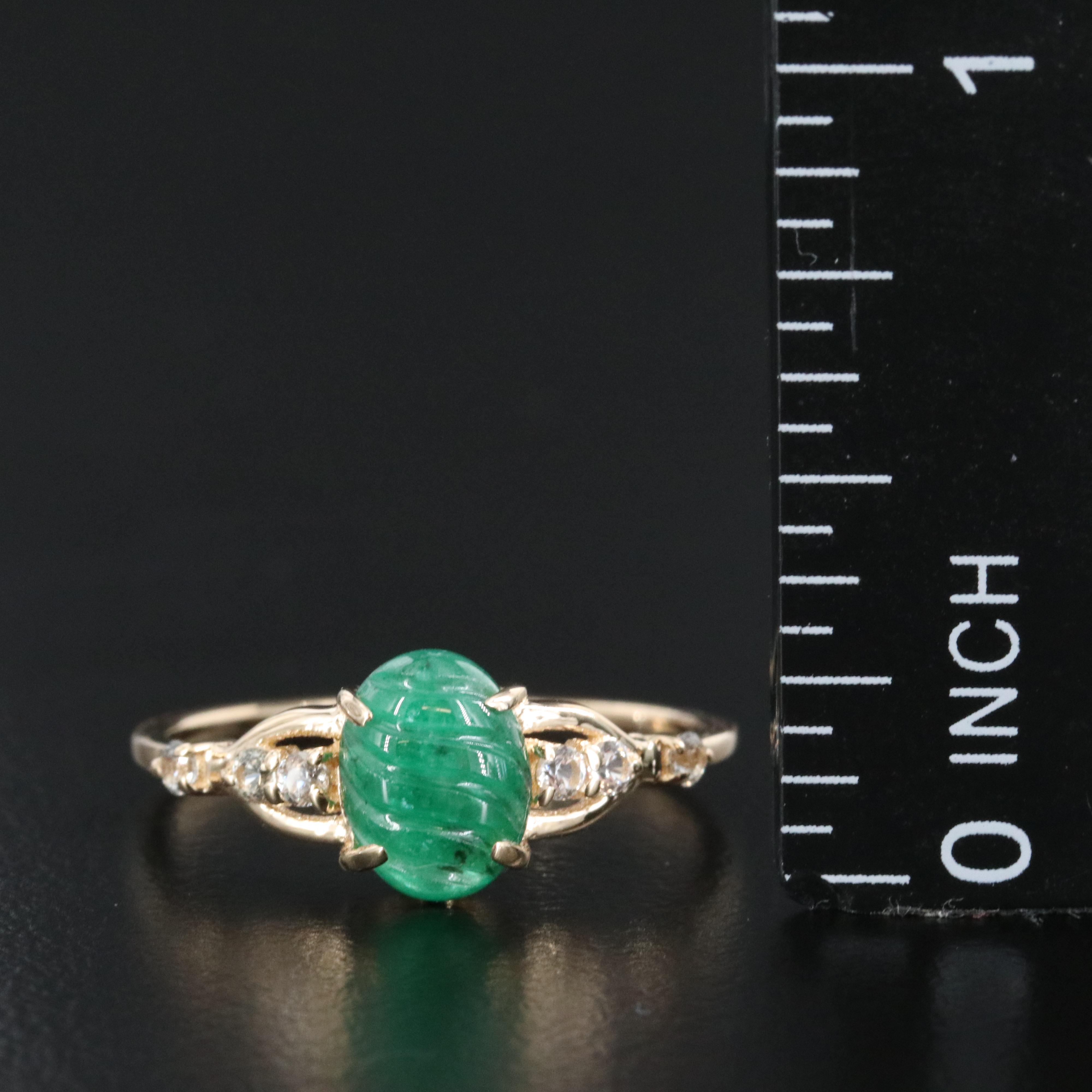 14K Carved Emerald and White Sapphire Ring